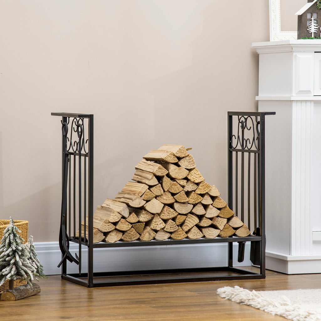 29.5" x 11.75" x 23.5" Heavy Duty Firewood Wood Log Rack Vintage Design Firewood Storage Shelf w/ 4 Tools, Black