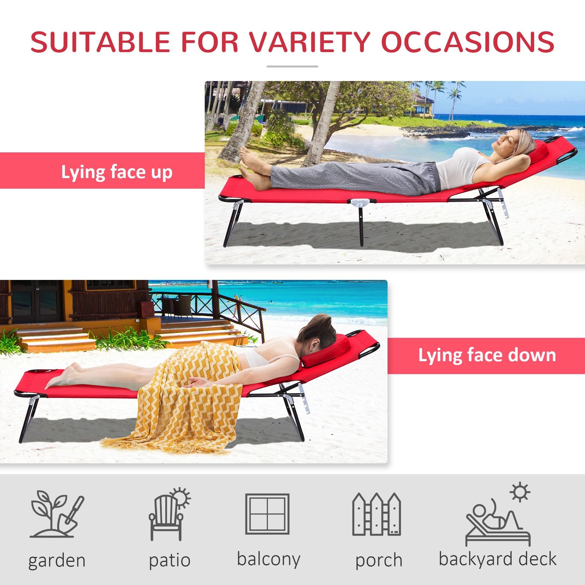 Folding Chaise Lounge Chair, Reclining Beach Tanning Chair with Face Hole, Pillow, 4-Position Adjustable Lay Flat Sun Lounger, Steel Frame for Outdoor Patio Pool, Red