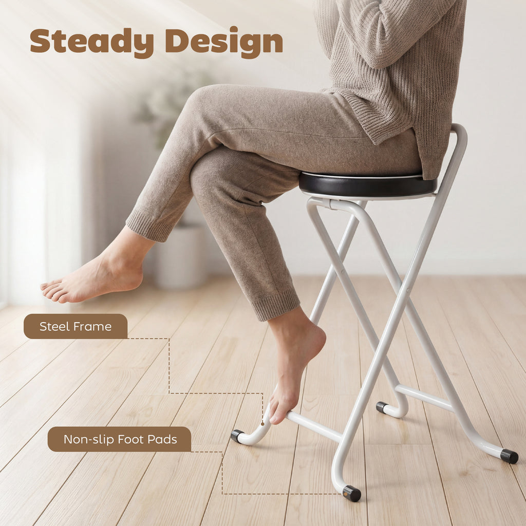 Foldable Bar Stools Set of 2, Folding Kitchen Chairs with PU Cushioned Seat, Footrest, Black