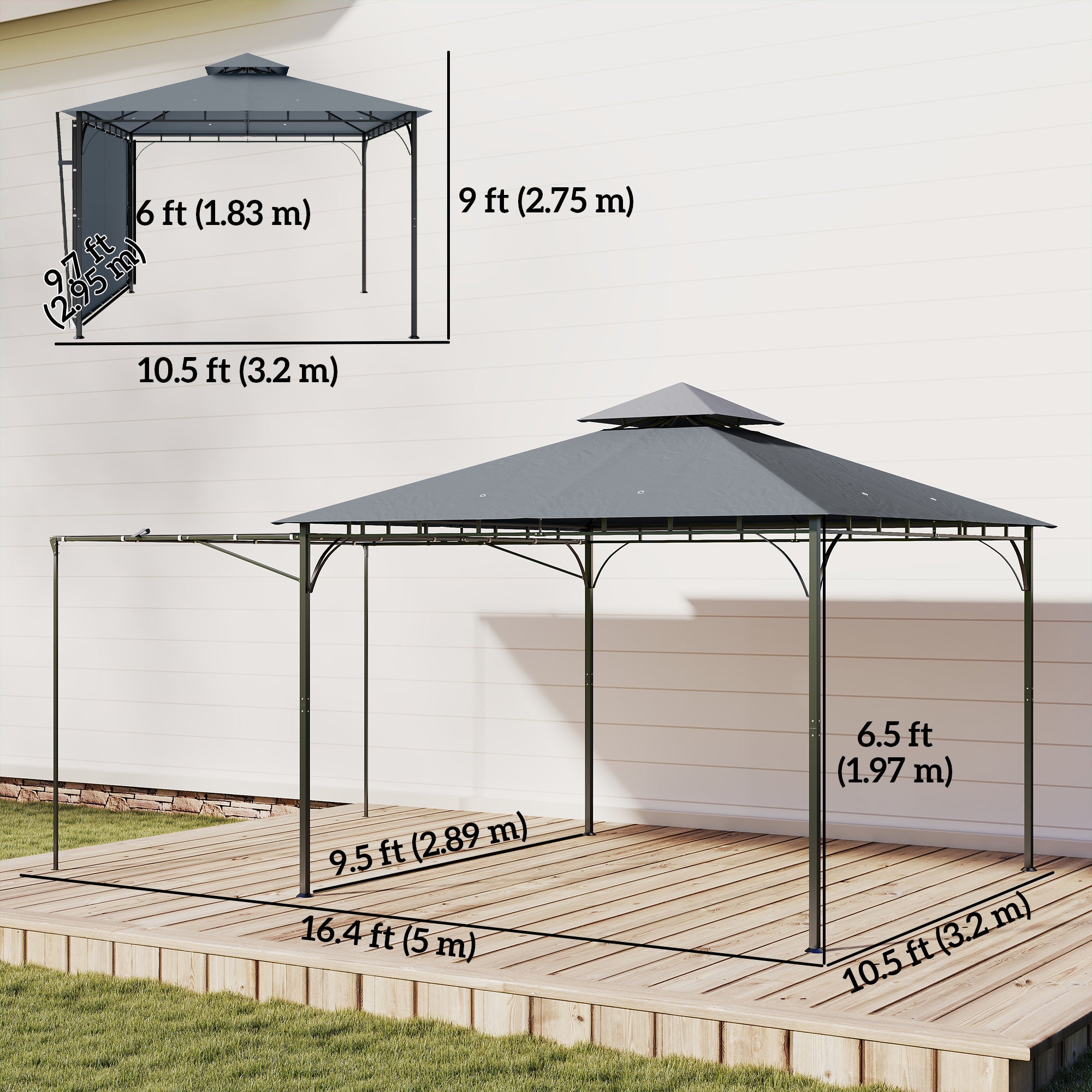 Patio Gazebo with Double Roof Outdoor Gazebo Canopy with Extendable Shade 10.5â€² x 10.5â€² Dark Grey