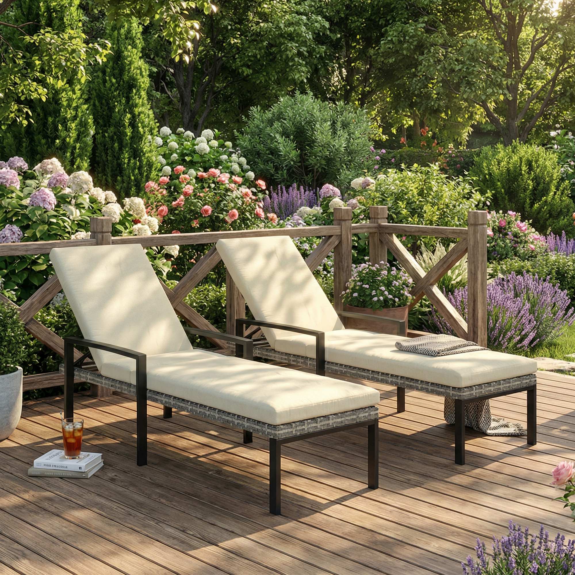 Chaise Lounge Chairs Outdoor, Set of 2 Wicker Patio Lounge Chairs with 5-Level Adjustable Backrest, Cushion