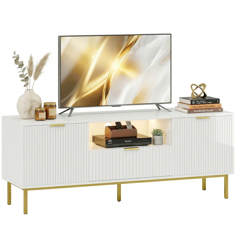 White entertainment center with smart RGB LED lighting and soft close doors