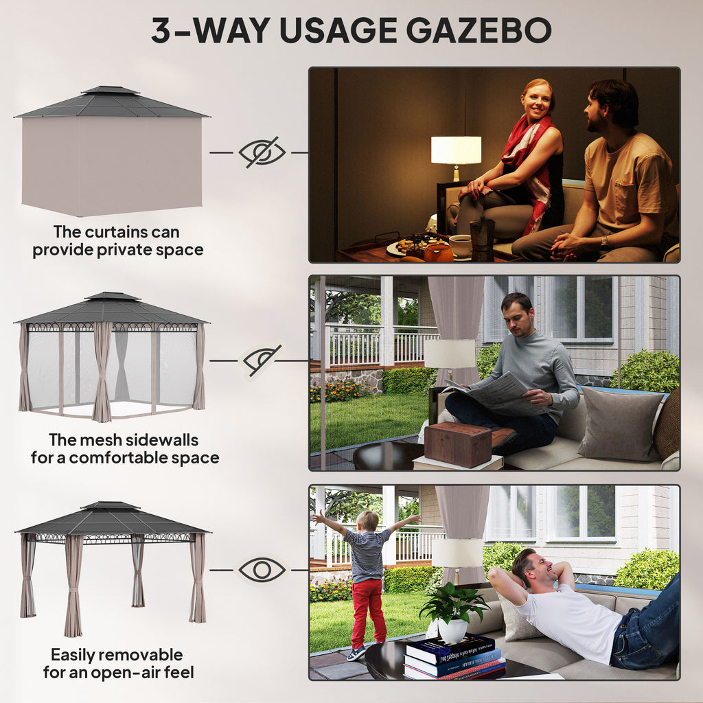 10' x 12' Outdoor Gazebo Canopy, DoubleÂ Roof Hardtop Gazebo withÂ Polycarbonate Roof, Steel Frame, NettingsÂ andÂ Curtains, forÂ Garden,Â Lawn,Â BackyardÂ andÂ Deck, Khaki