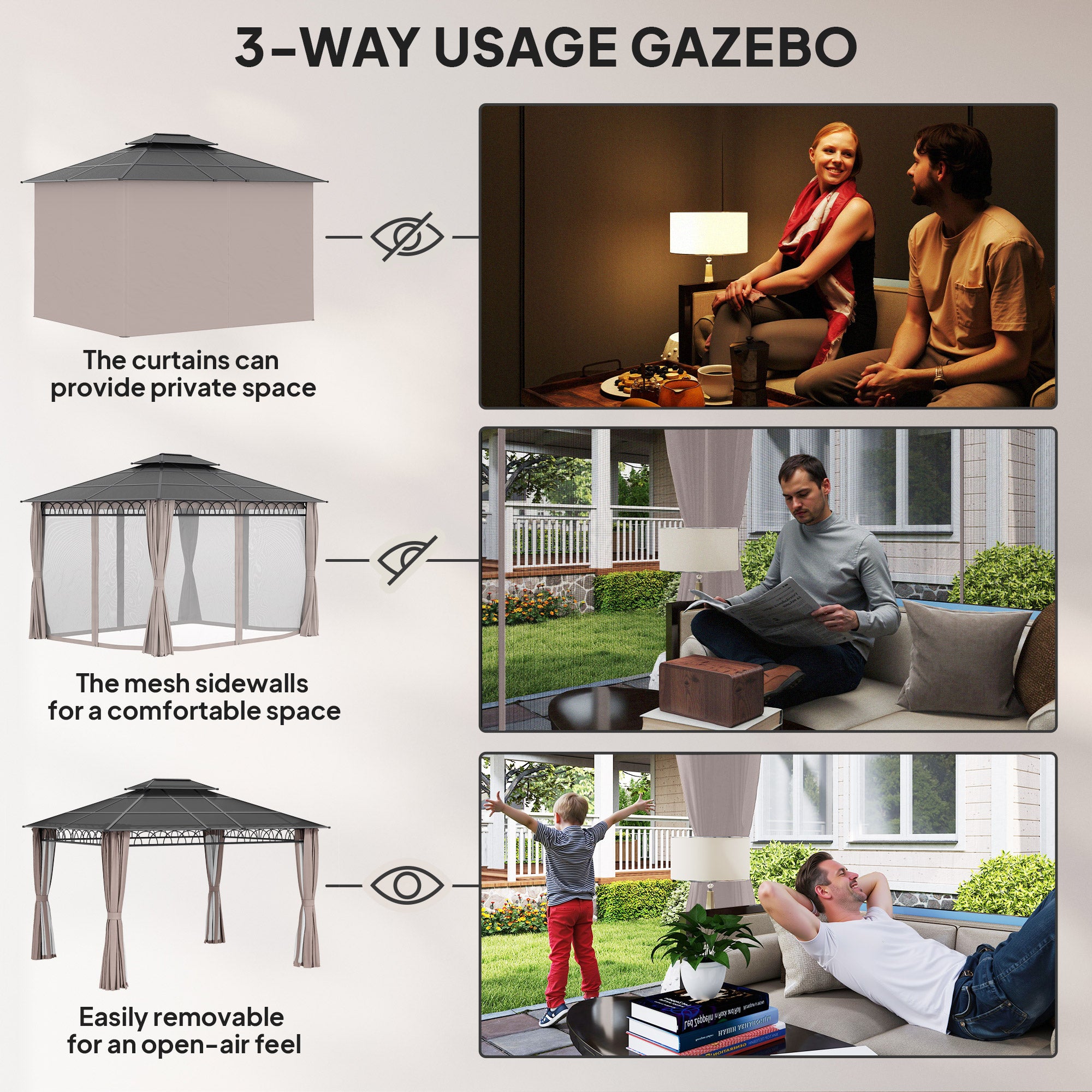 10' x 12' Outdoor Gazebo Canopy, DoubleÂ Roof Hardtop Gazebo withÂ Polycarbonate Roof, Steel Frame, NettingsÂ andÂ Curtains, forÂ Garden,Â Lawn,Â BackyardÂ andÂ Deck, Khaki