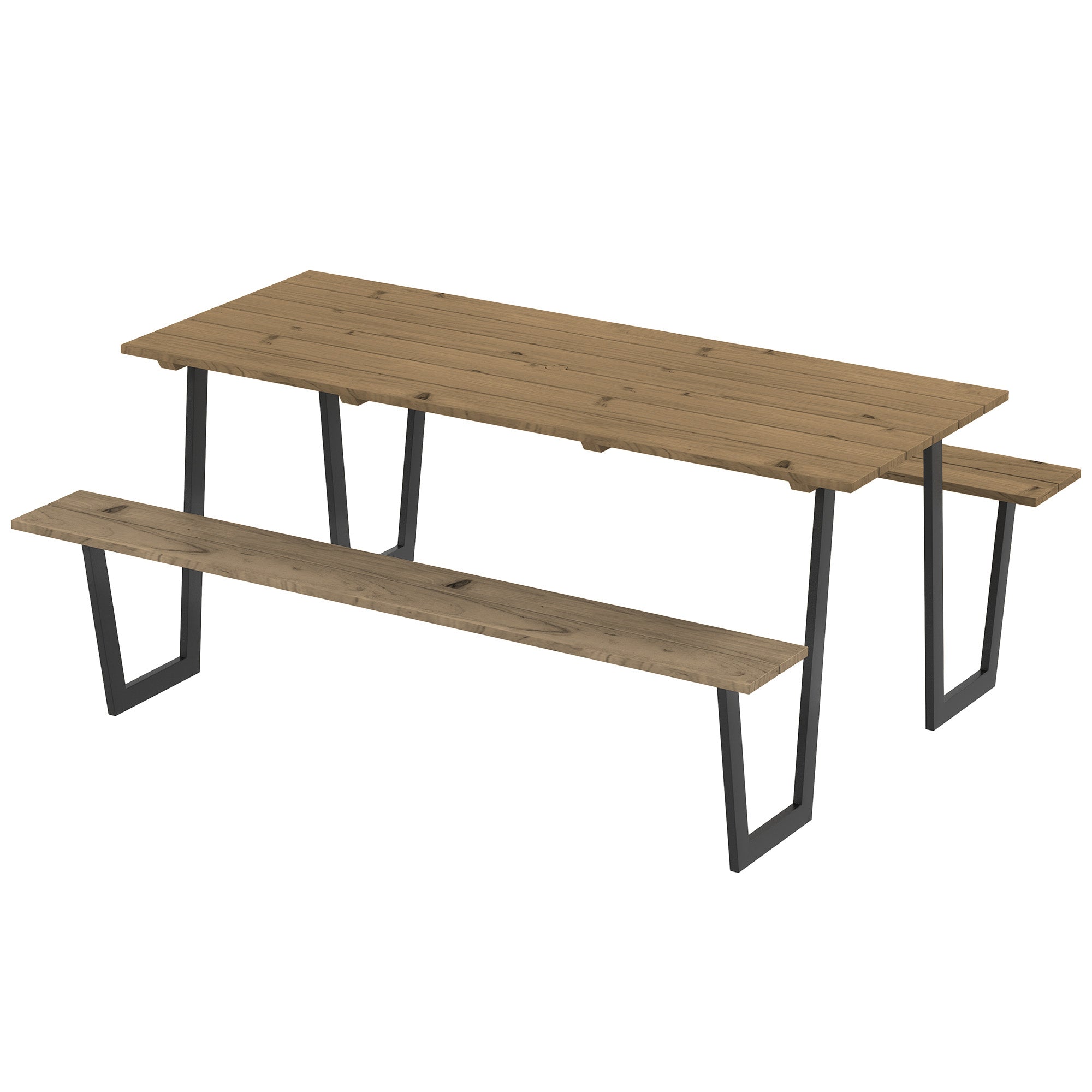 5.7 FT Outdoor Picnic Table with 2" Umbrella Hole, Spruce Wood Dining Table and 795 LBS Benches with Steel Frame, Brown