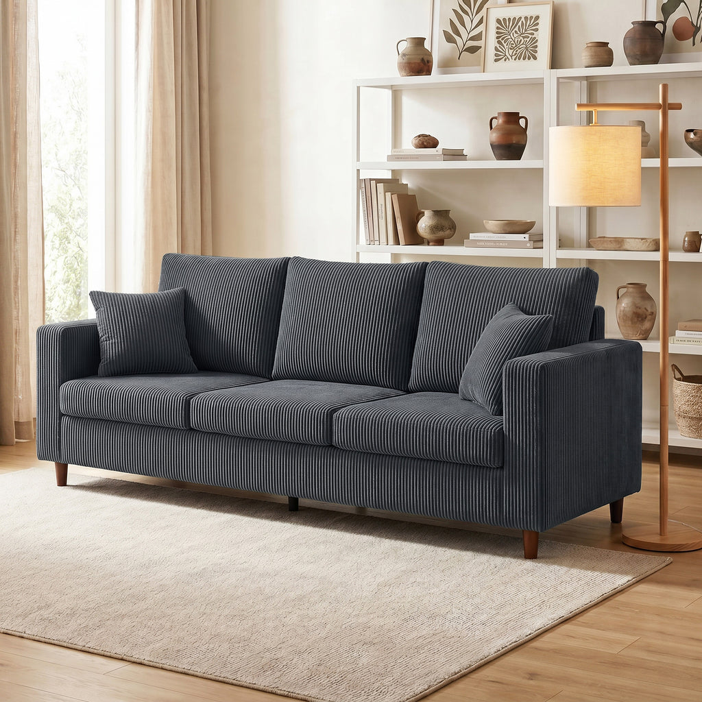 3 Seater Sofa with Wide Seat, Corduroy Couch with Deep Seat, Spring Cushion, Dark Grey