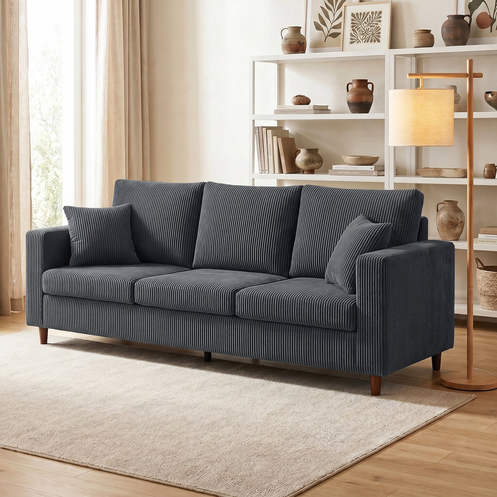 3 Seater Sofa with Wide Seat, Corduroy Couch with Deep Seat, Spring Cushion, Dark Grey