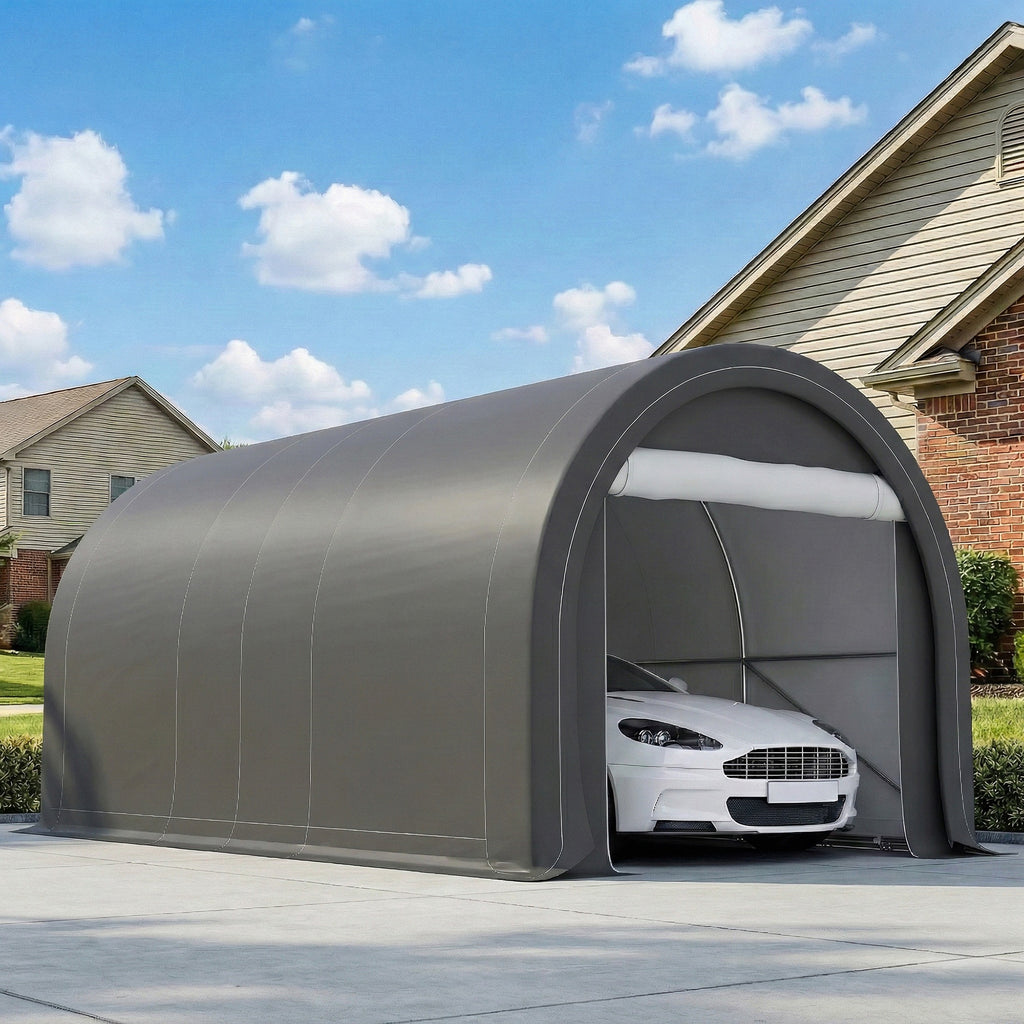 10' x 16' Heavy Duty Portable Carport Tent with Zippered Door, PE Cover for Car, Boat, Motorcycle, Bike, Grey