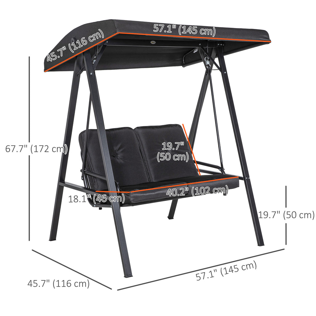 2-Seater Outdoor Porch Swing with Adjustable Canopy, Patio Swing Chair for Garden, Poolside, Backyard, Black