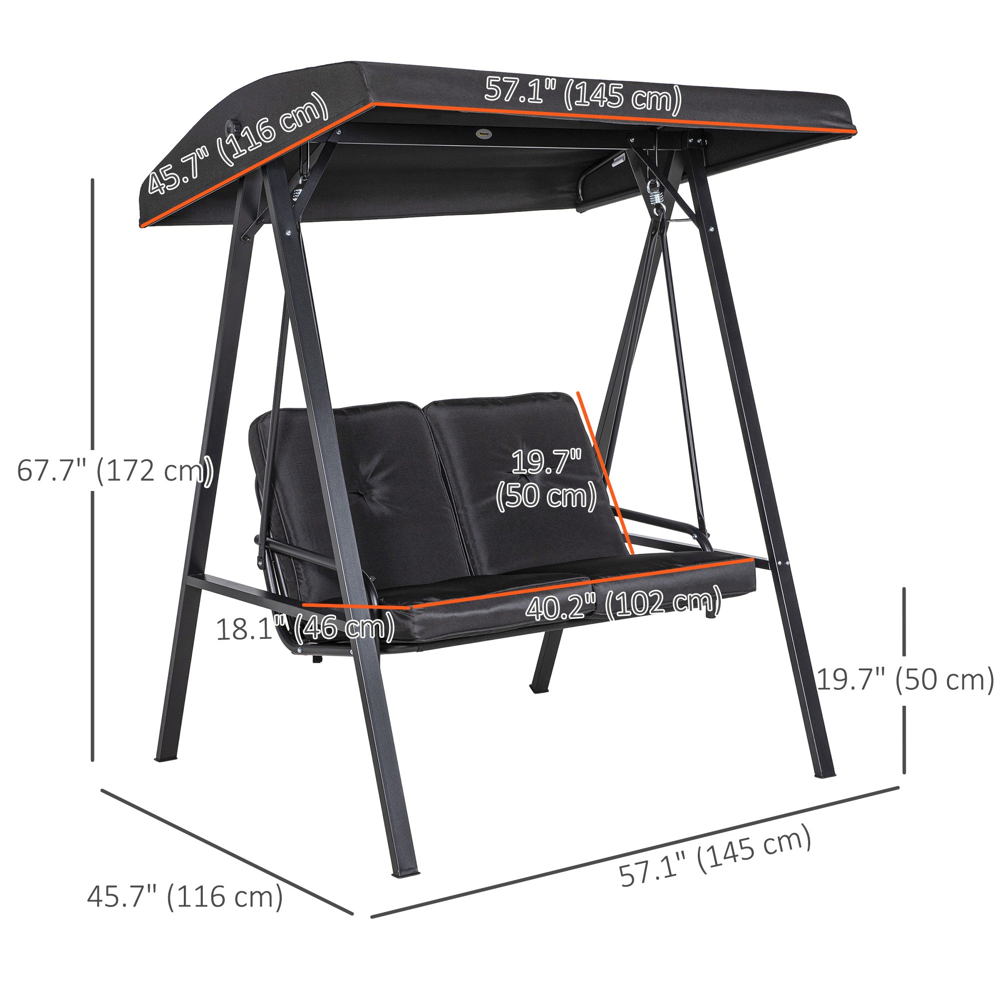2-Seater Outdoor Porch Swing with Adjustable Canopy, Patio Swing Chair for Garden, Poolside, Backyard, Black