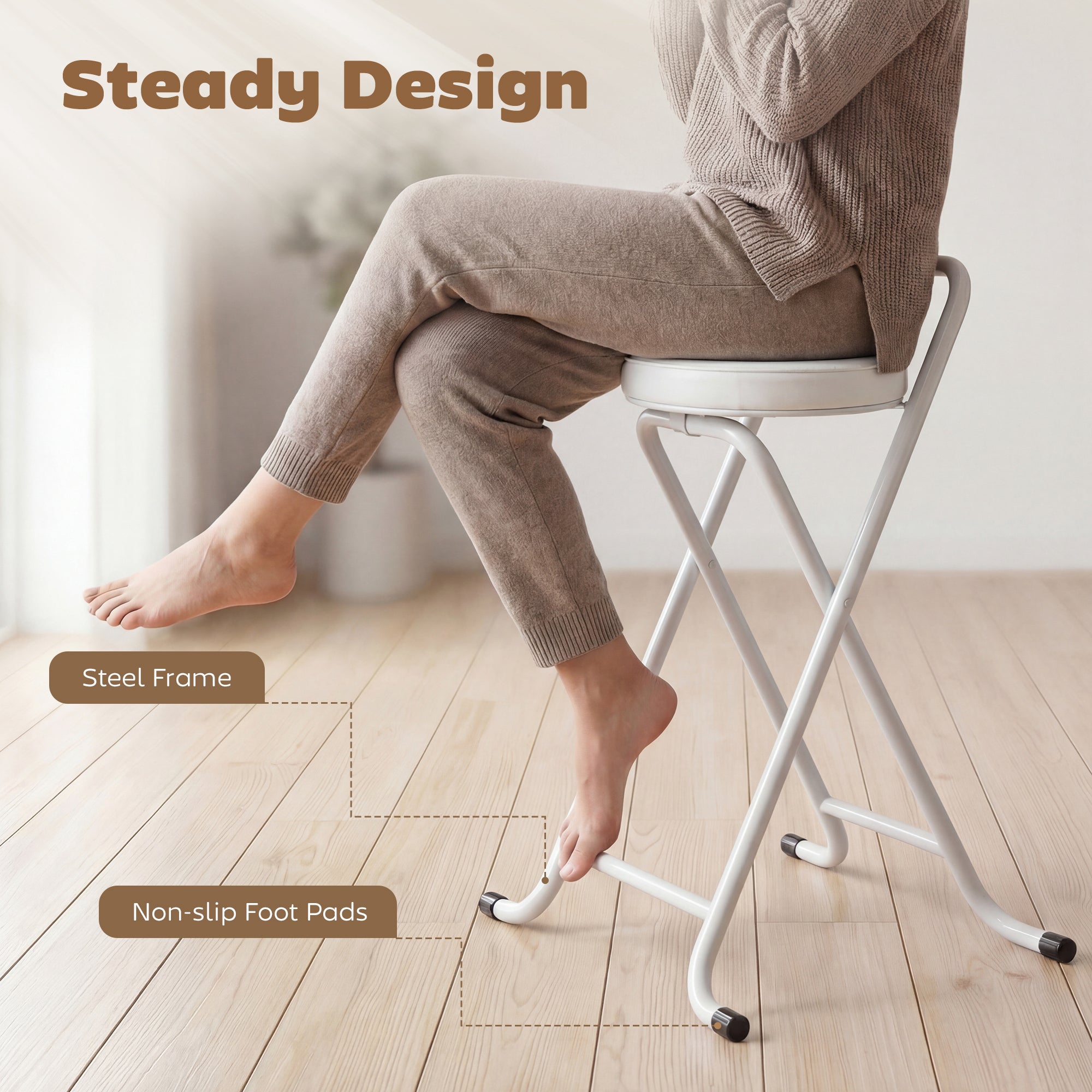 Foldable Bar Stools Set of 2, Folding Kitchen Chairs with PU Cushioned Seat, Footrest, White