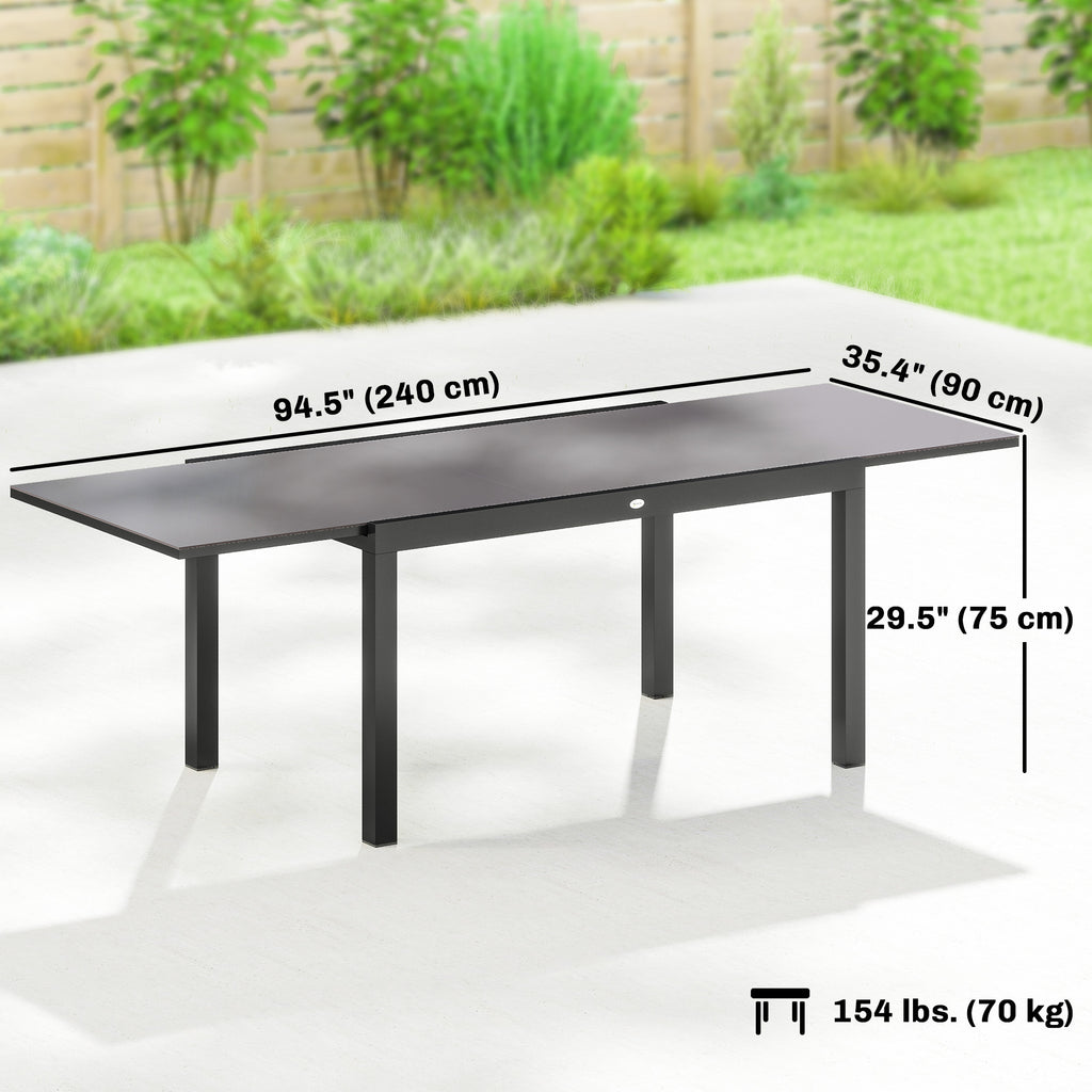 Expandable Outdoor Dining Table, 55"-95" Patio Table with Tempered Glass Top and Aluminum Frame, Black