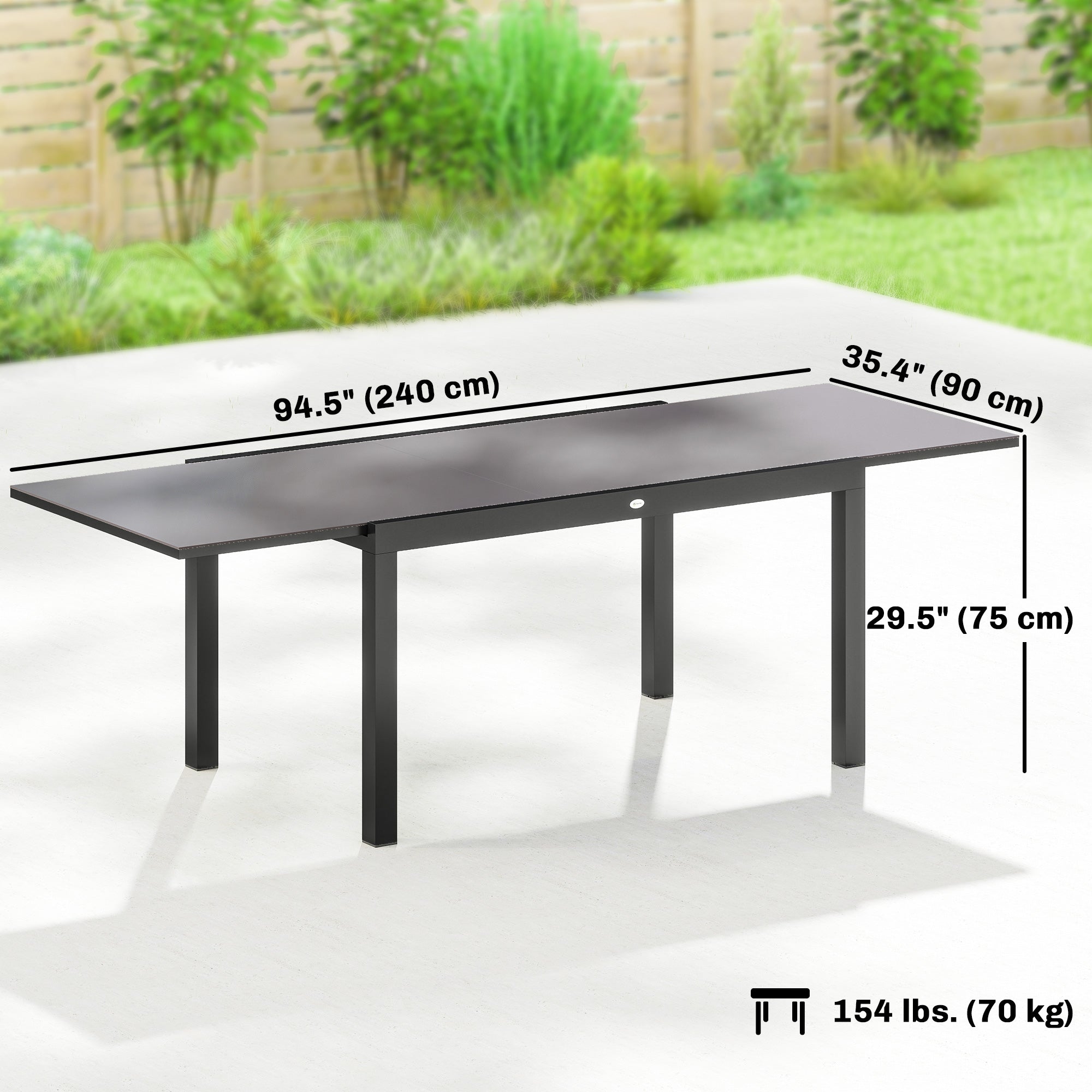 Expandable Outdoor Dining Table, 55"-95" Patio Table with Tempered Glass Top and Aluminum Frame, Black