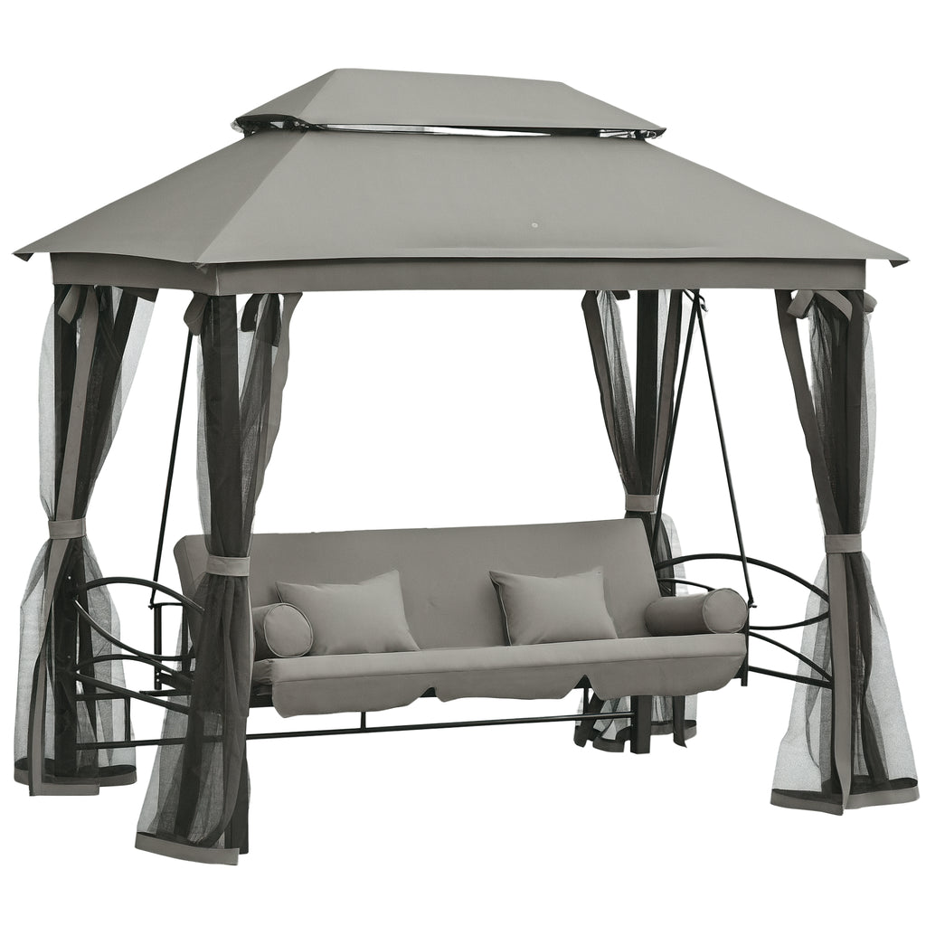 3 Person Outdoor Patio Daybed, 3 in 1 Canopy Gazebo Swing Chair Garden Hammock with Sun Shade, Mesh Mosquito and Net, Dark Grey