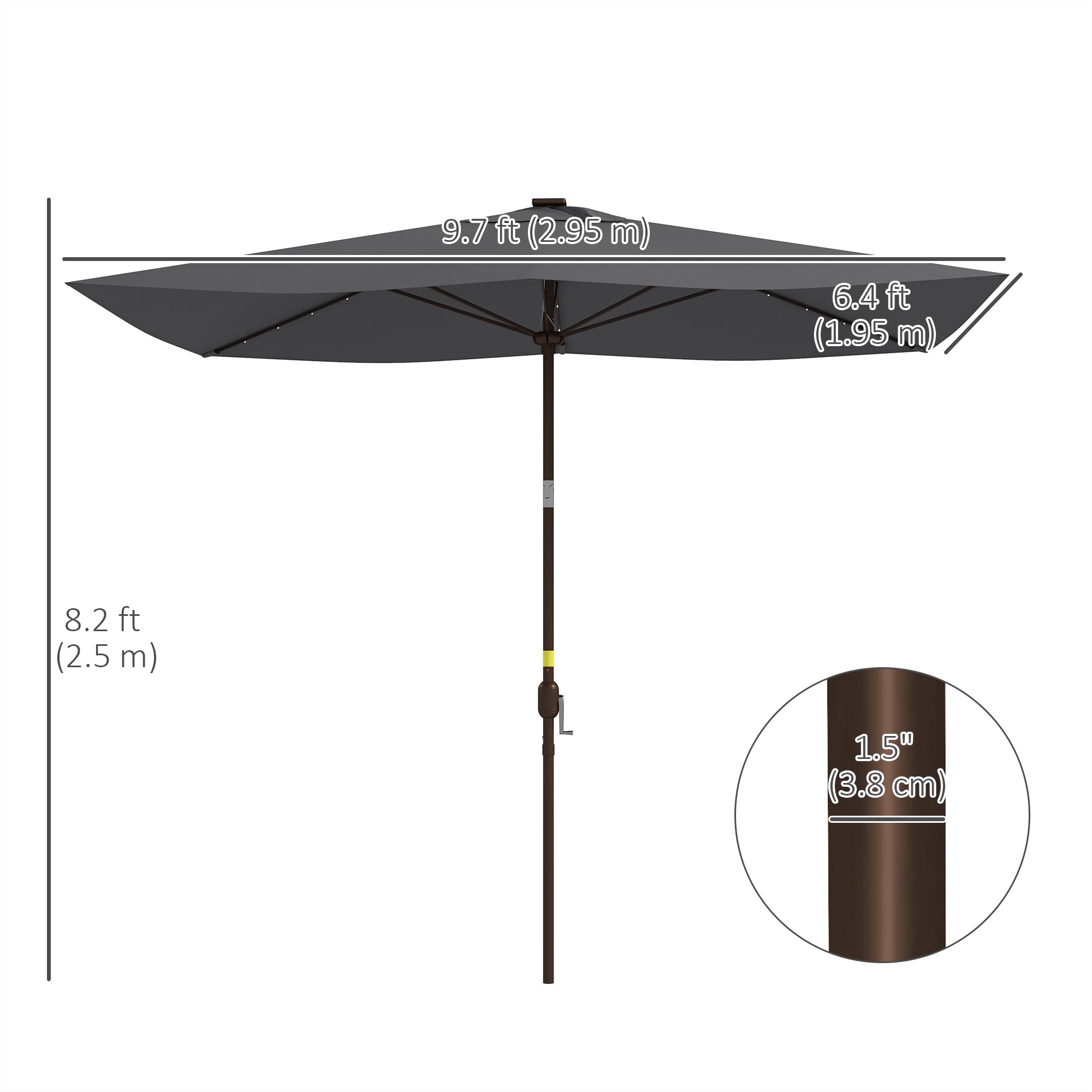 6.5x10ft Patio Umbrella Tilt Aluminum Outdoor Market Parasol with Solar Powered LEDs, Crank - Dark Grey
