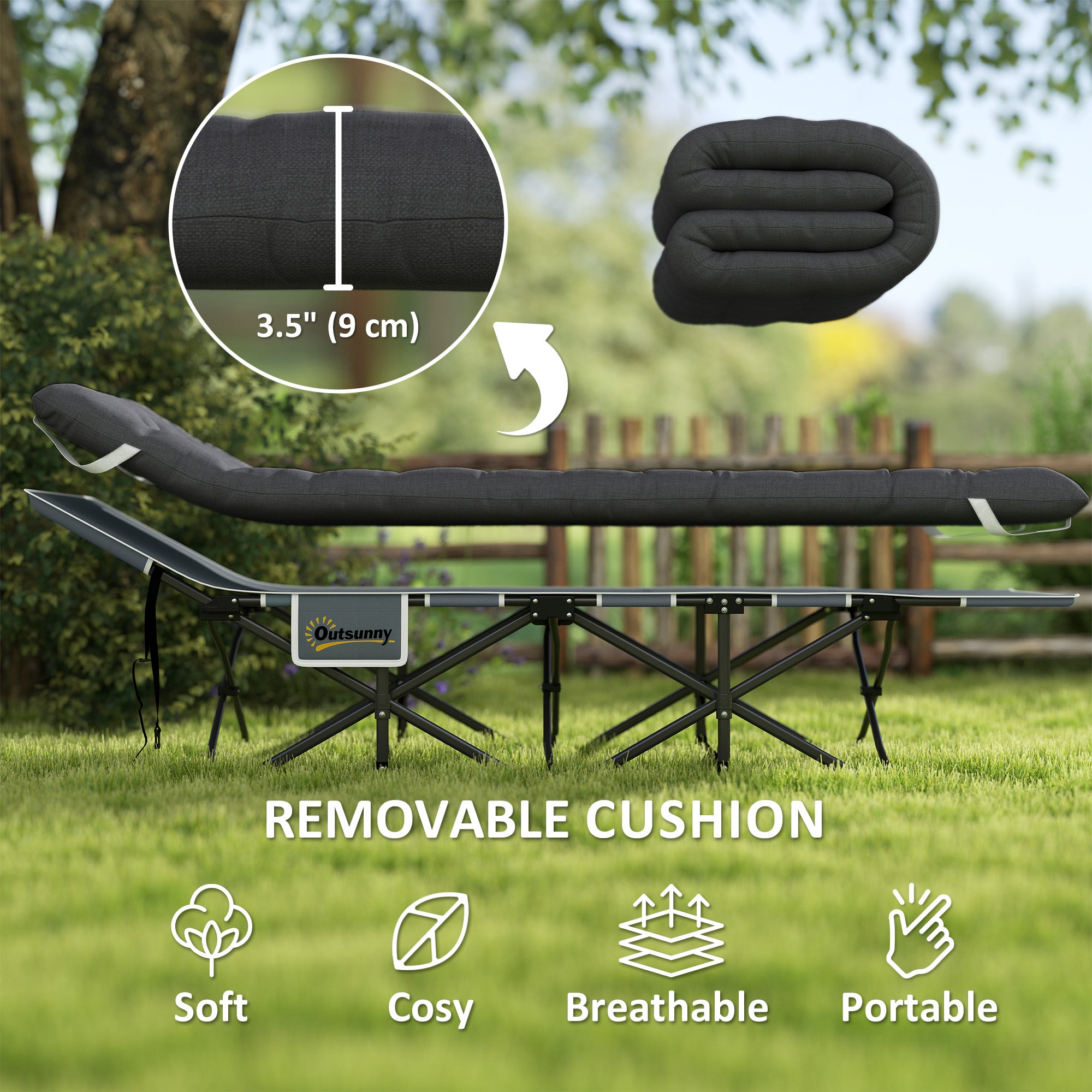 26.8" Wide Folding Bed, Camping Cot for Adults with Cushion, Carry Bag, Max Load 330 LBS, Black