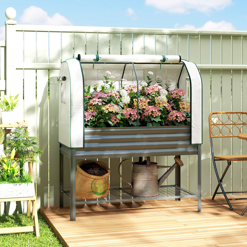 Galvanised Raised Garden Bed with Greenhouse Cover, Metal Elevated Planter Box with Bed Liner, Bottom Shelf, Dark Grey