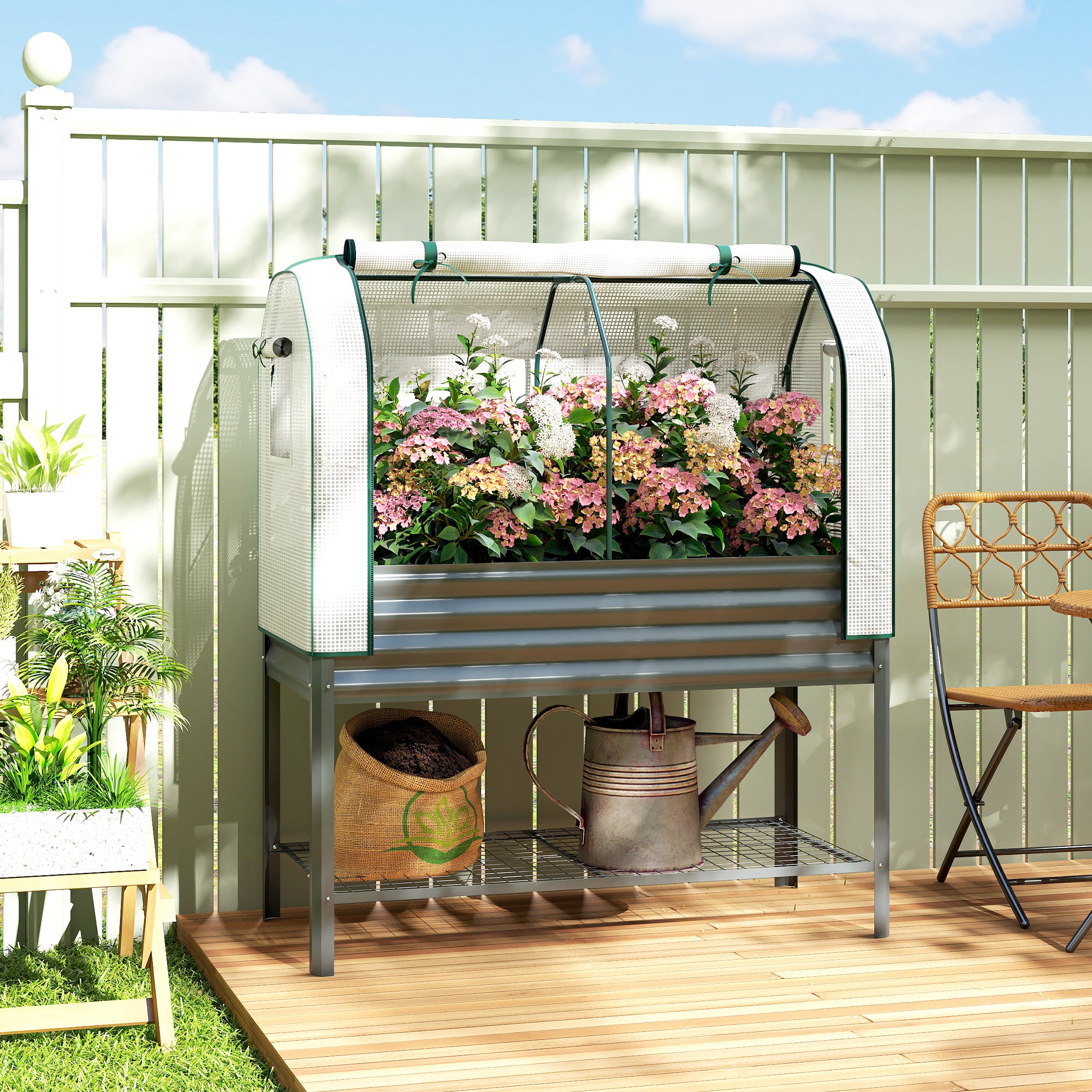 Galvanised Raised Garden Bed with Greenhouse Cover, Metal Elevated Planter Box with Bed Liner, Bottom Shelf, Dark Grey