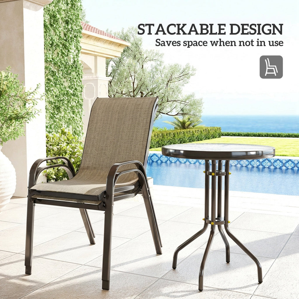 3 Pieces Bistro Set, Small Patio Furniture Set with Stackable Mesh Chairs, Glass Table for Garden, Light Mixed Brown