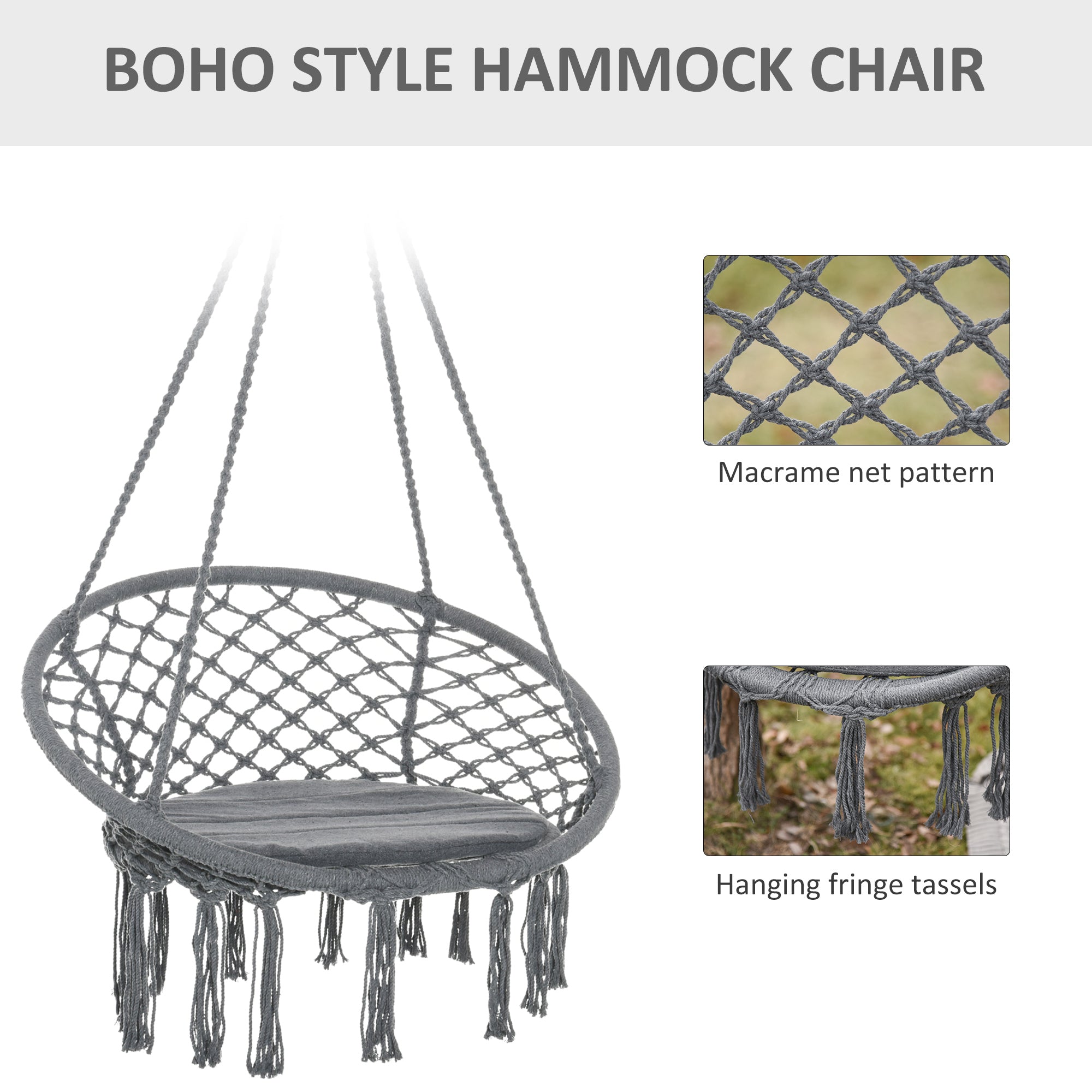 Patio Hammock Chair, Hanging Rope Hammock Swing for Indoor & Outdoor Use with Backrest, Cotton-Polyester Blend, Fringe Tassels, Dark Grey