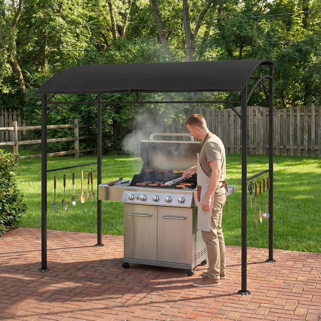 7' x 5' Garden Grill Canopy, BBQ Grill Gazebo Tent with Steel Frame and Hooks, Outdoor Sun Shade, Black