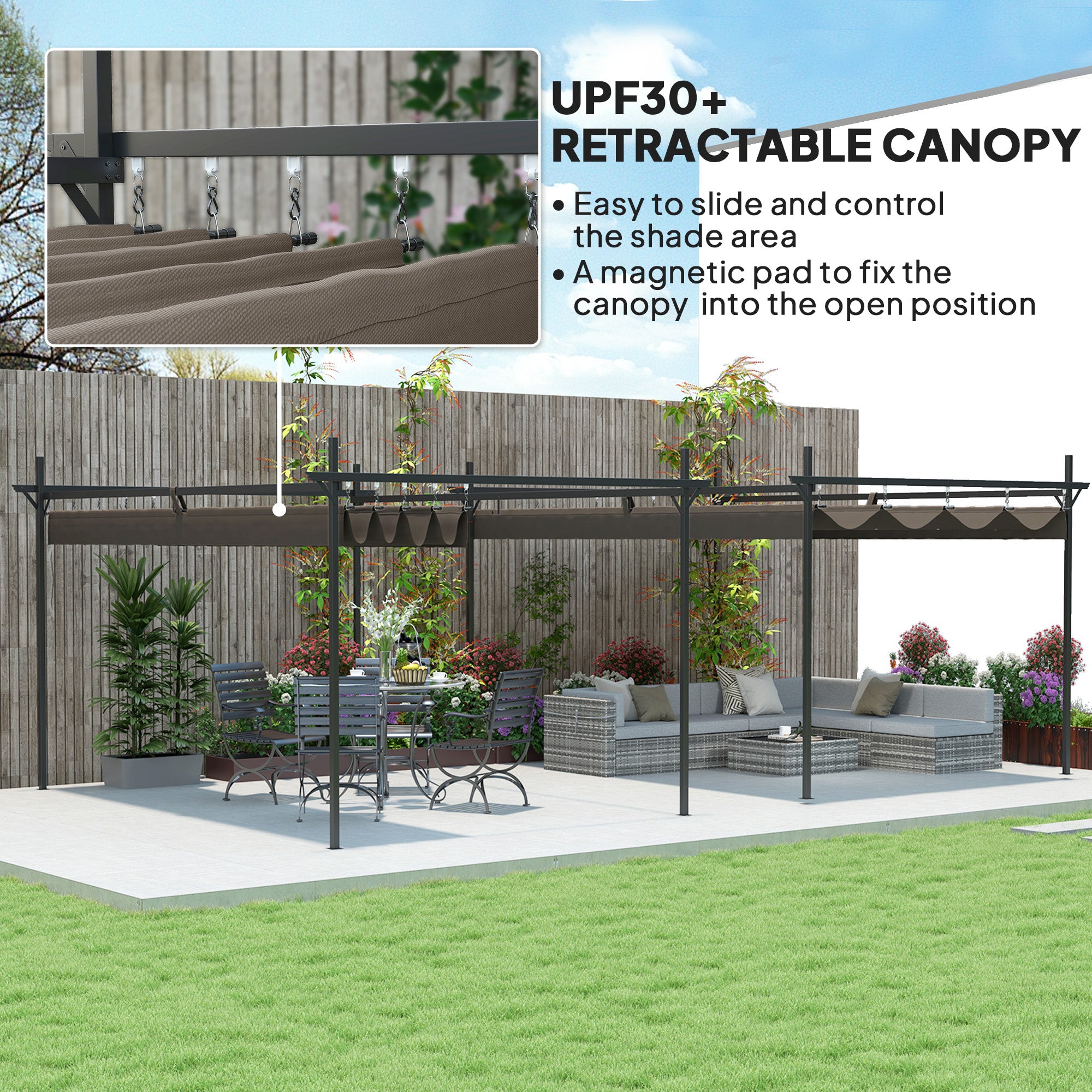 10' x 10' Outdoor Gazebo, UPF30+ Retractable Pergola Canopy, Free Standing Metal Pergola Kit, Brown