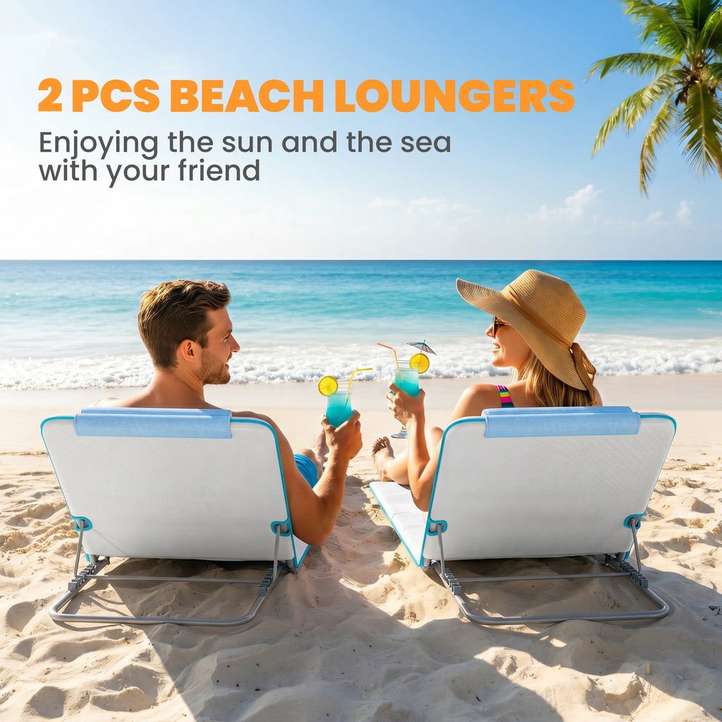 2 Pieces Beach Lounge Chair, Outdoor Folding Chaise Lounge Set w/ Pillow for Sunbath, Snap, Beige