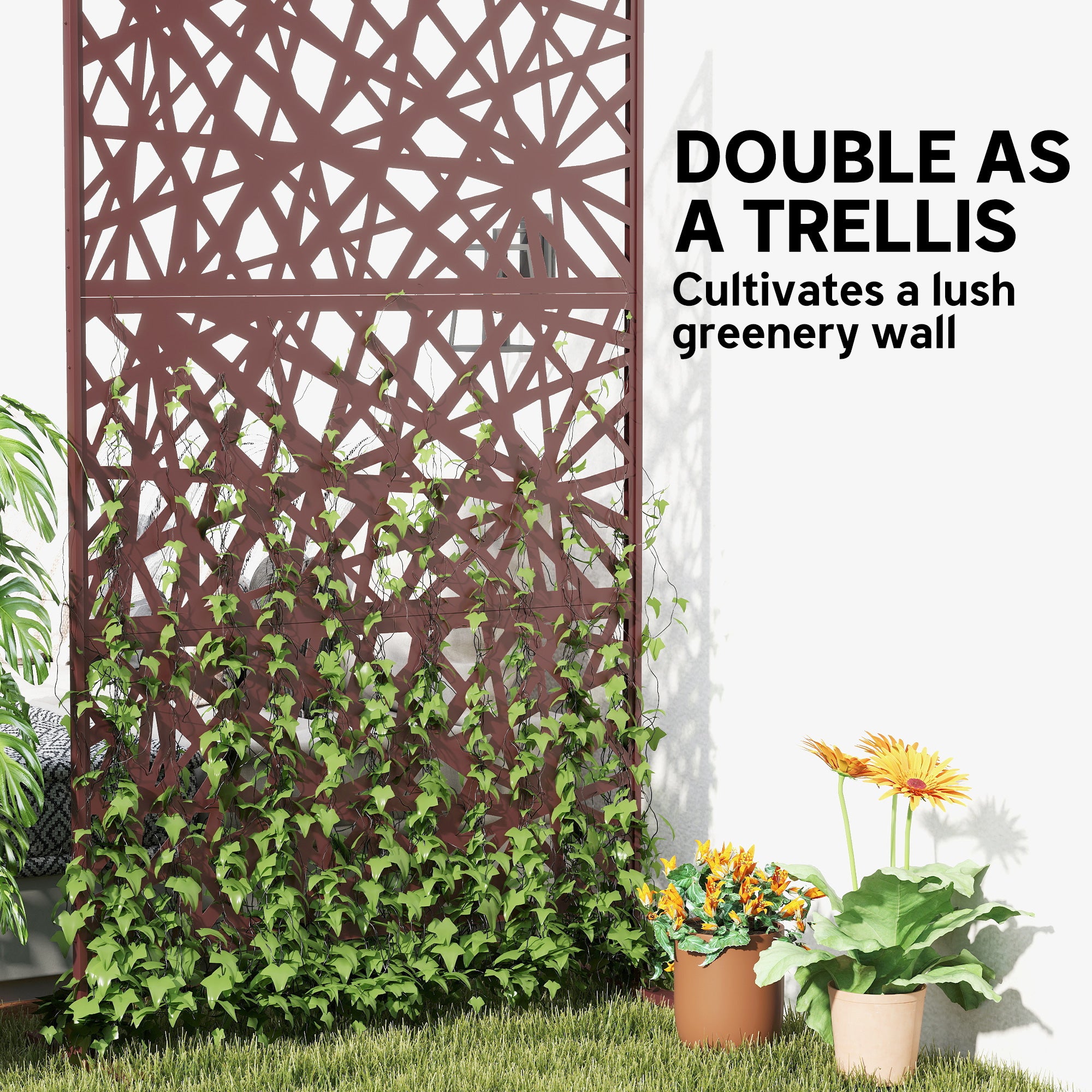 Metal Outdoor Privacy Screen, Freestanding Outdoor Divider with Stand, 78" x 48", Dark Brown