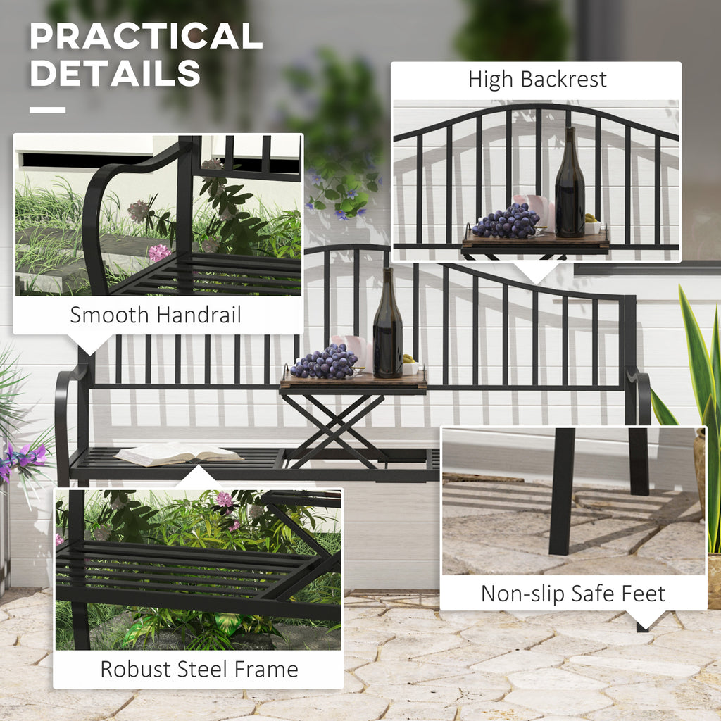 Outdoor Bench with Retractable Middle Table, Metal Frame Patio Loveseat with Slatted Seat and Backrest, Curved Armrests, Black