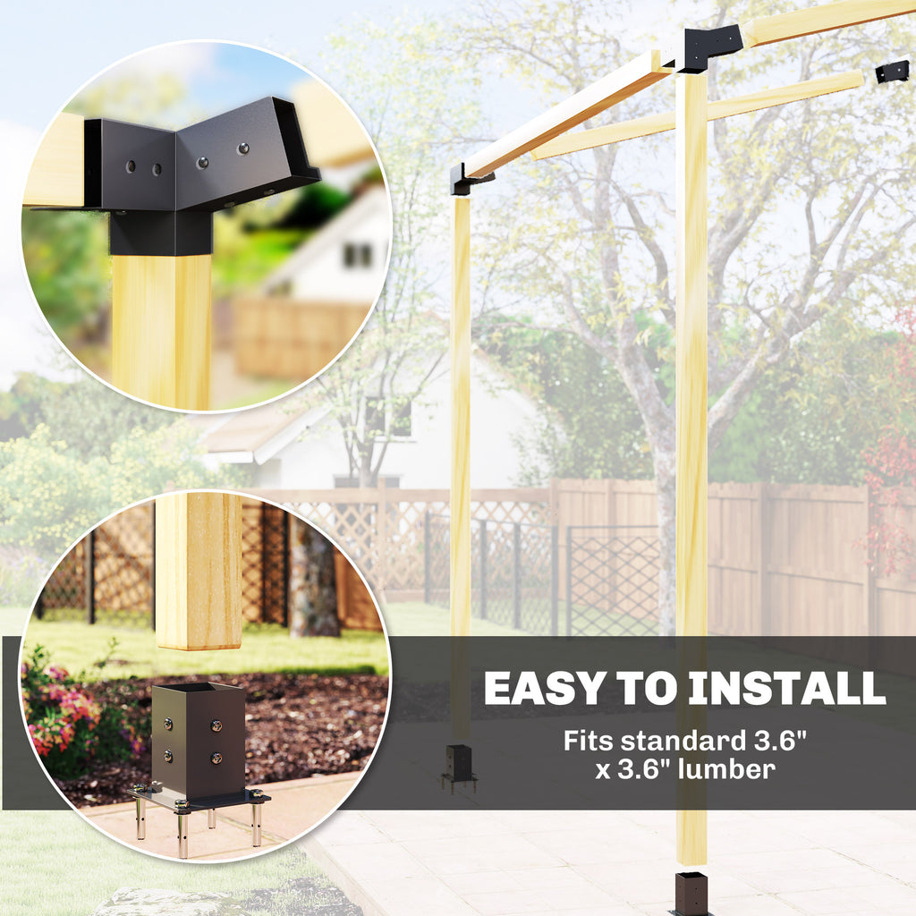 Pergola Kit, 15Â° Slanted Pergola Bracket Kit with 3-Way Brackets, Post Bases, Wall Mounts for 3.6" X 3.6" Lumber, Black