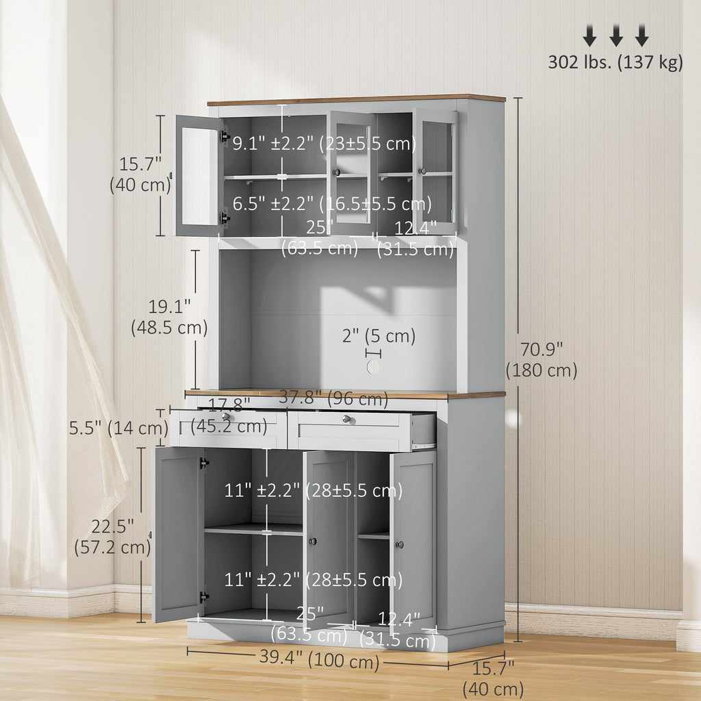 71" Pantry Cabinet with Microwave Space, Buffet with Hutch, 2 Drawers, Adjustable Shelves and Glass Doors, Grey