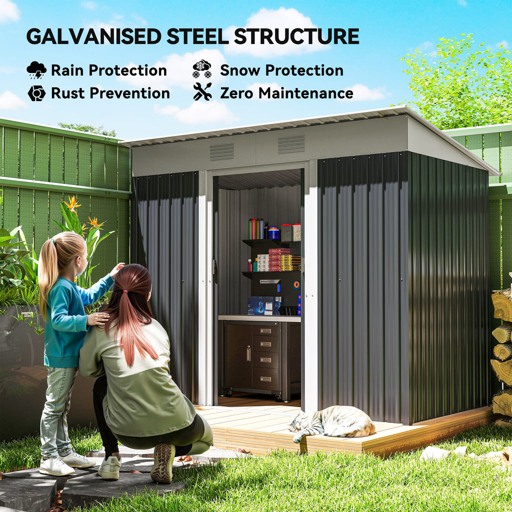 7' x 4' Outdoor Storage Shed, Metal Garden Tool Storage House Organizer with Lockable Sliding Doors and Vents for Backyard Patio Lawn, Charcoal Grey