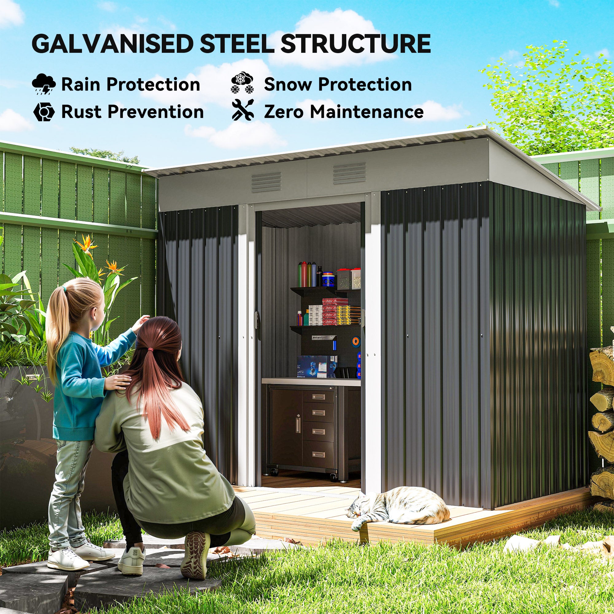 7' x 4' Outdoor Storage Shed, Metal Garden Tool Storage House Organizer with Lockable Sliding Doors and Vents for Backyard Patio Lawn, Charcoal Grey