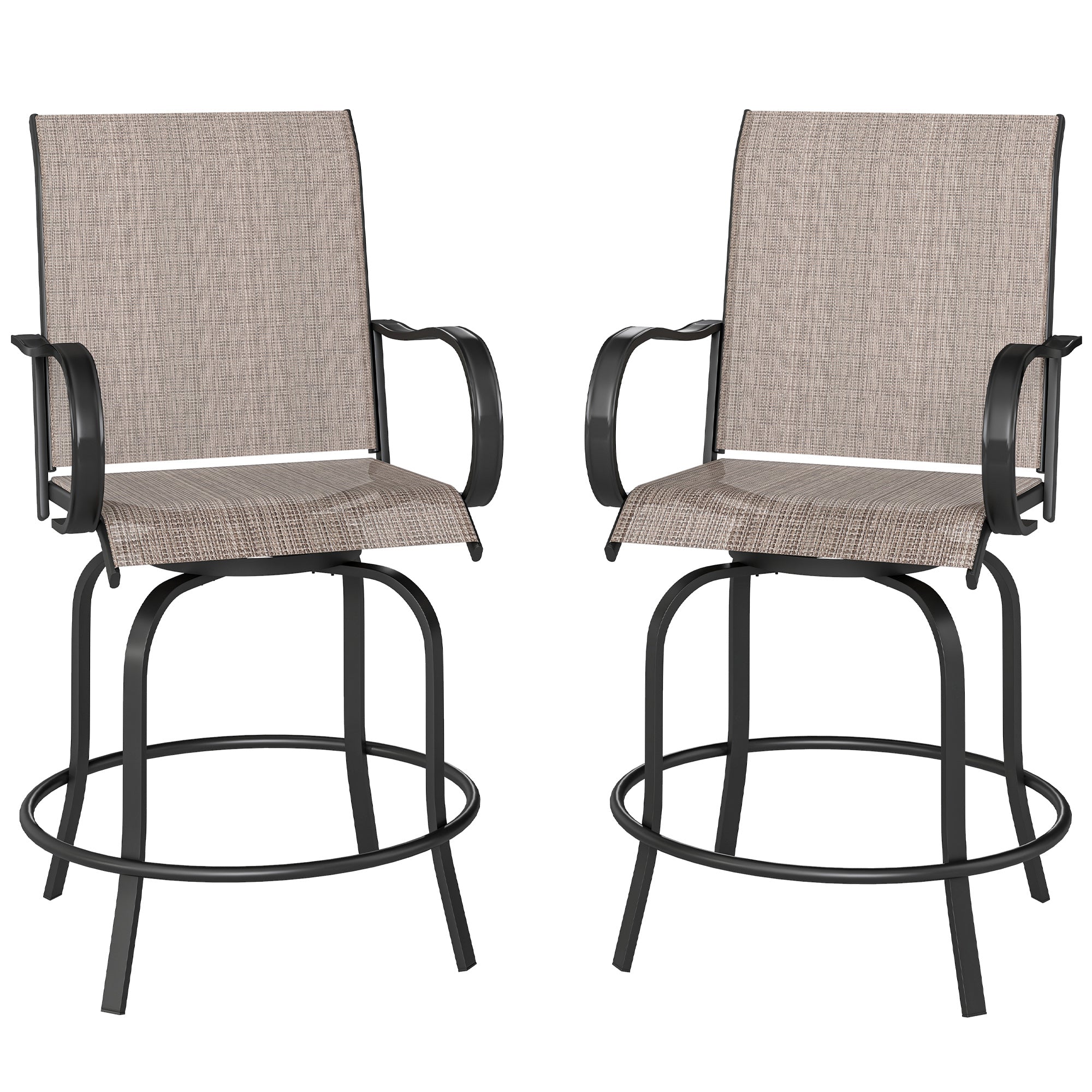 Outdoor Bar Stools Set of 2, 360Â° Swivel Bar Height Chairs, 26.8" x 29.5" x 48.4", Tan