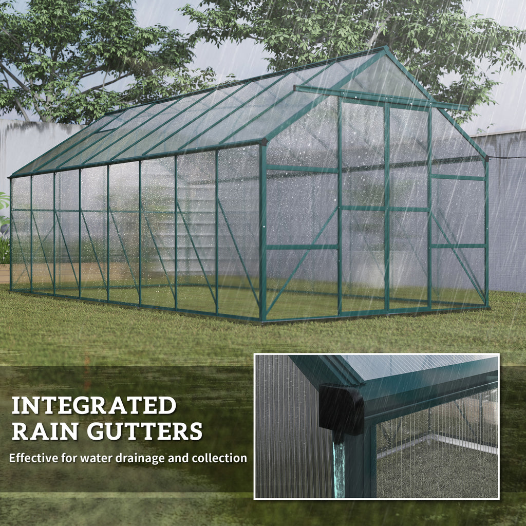16' x 8' Aluminum Polycarbonate Greenhouse Walk-in Garden Greenhouse Kit with Adjustable Roof Vent, Rain Gutter and Sliding Door for Winter, Green