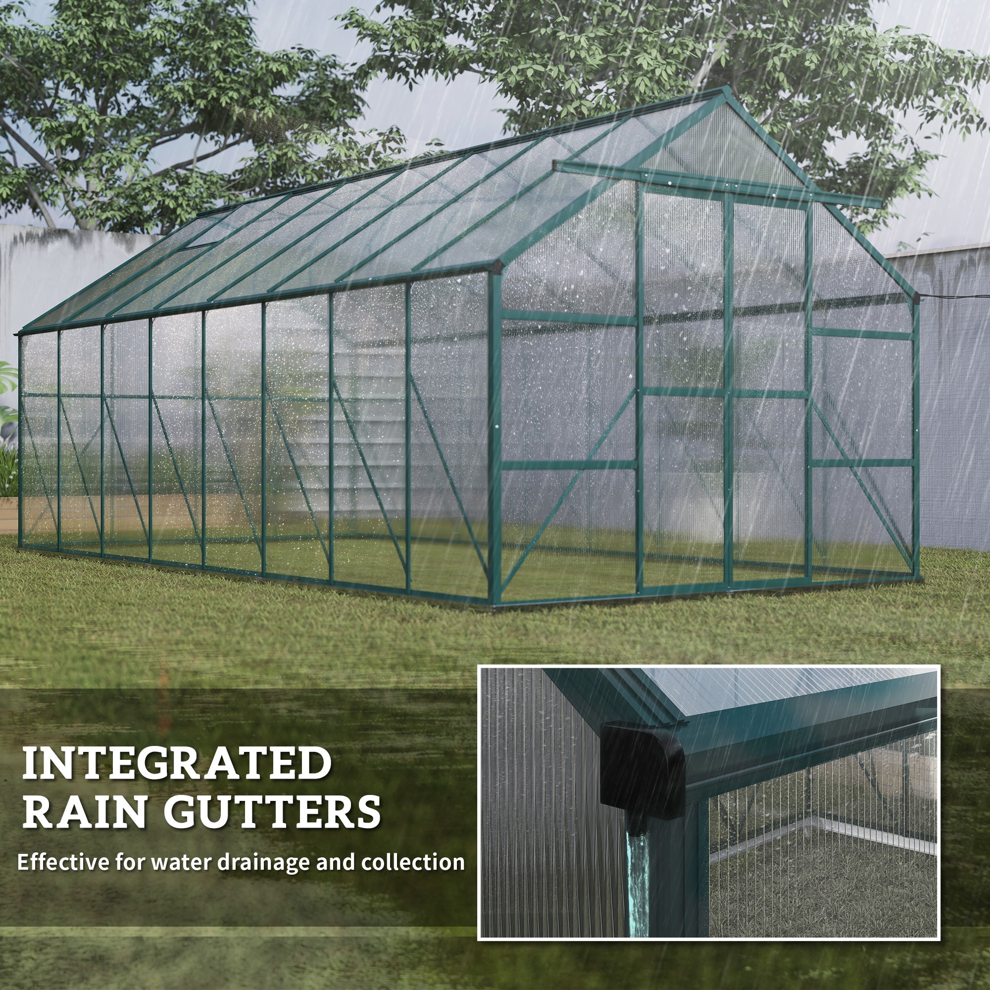 16' x 8' Aluminum Polycarbonate Greenhouse Walk-in Garden Greenhouse Kit with Adjustable Roof Vent, Rain Gutter and Sliding Door for Winter, Green