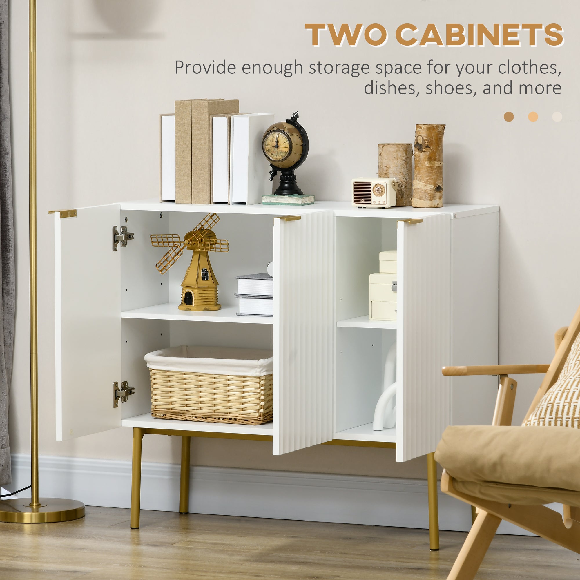 Modern Storage Cabinet Sideboard Buffet Cabinet with Gold Legs for Living Room Dining Room Hallway White