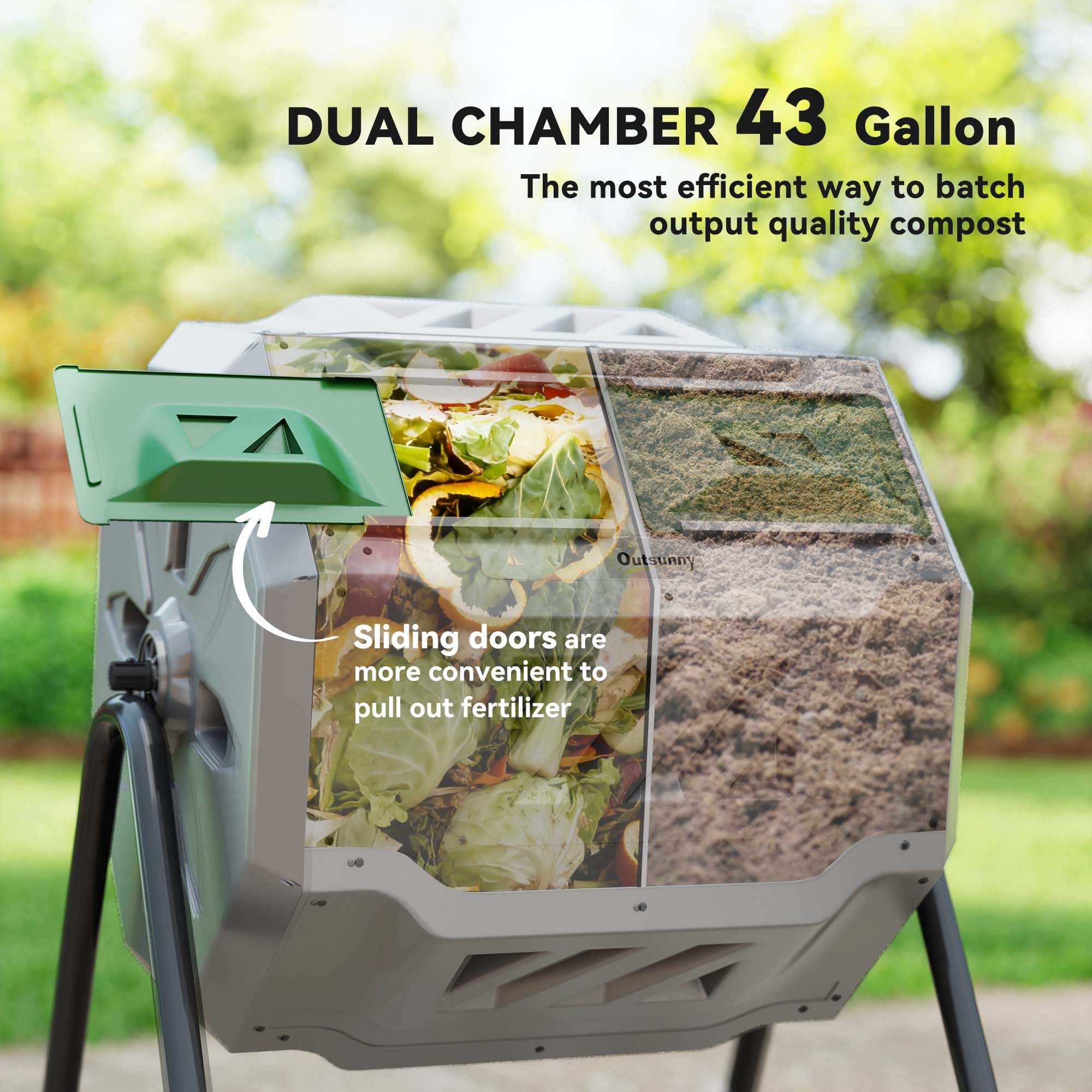 Tumbling Compost Bin Outdoor Dual Chamber 360Â° Rotating Composter 43 Gallon with Sliding Doors, Dark Green