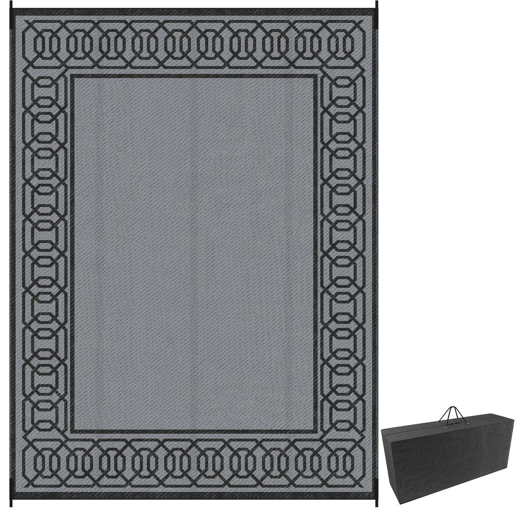 Portable Outdoor Rug with Carrying Bag, 9' x 12' Reversible Mat, Waterproof Plastic Straw RV Rug for Backyard, Deck, Picnic, Beach, Camping, Black and Grey