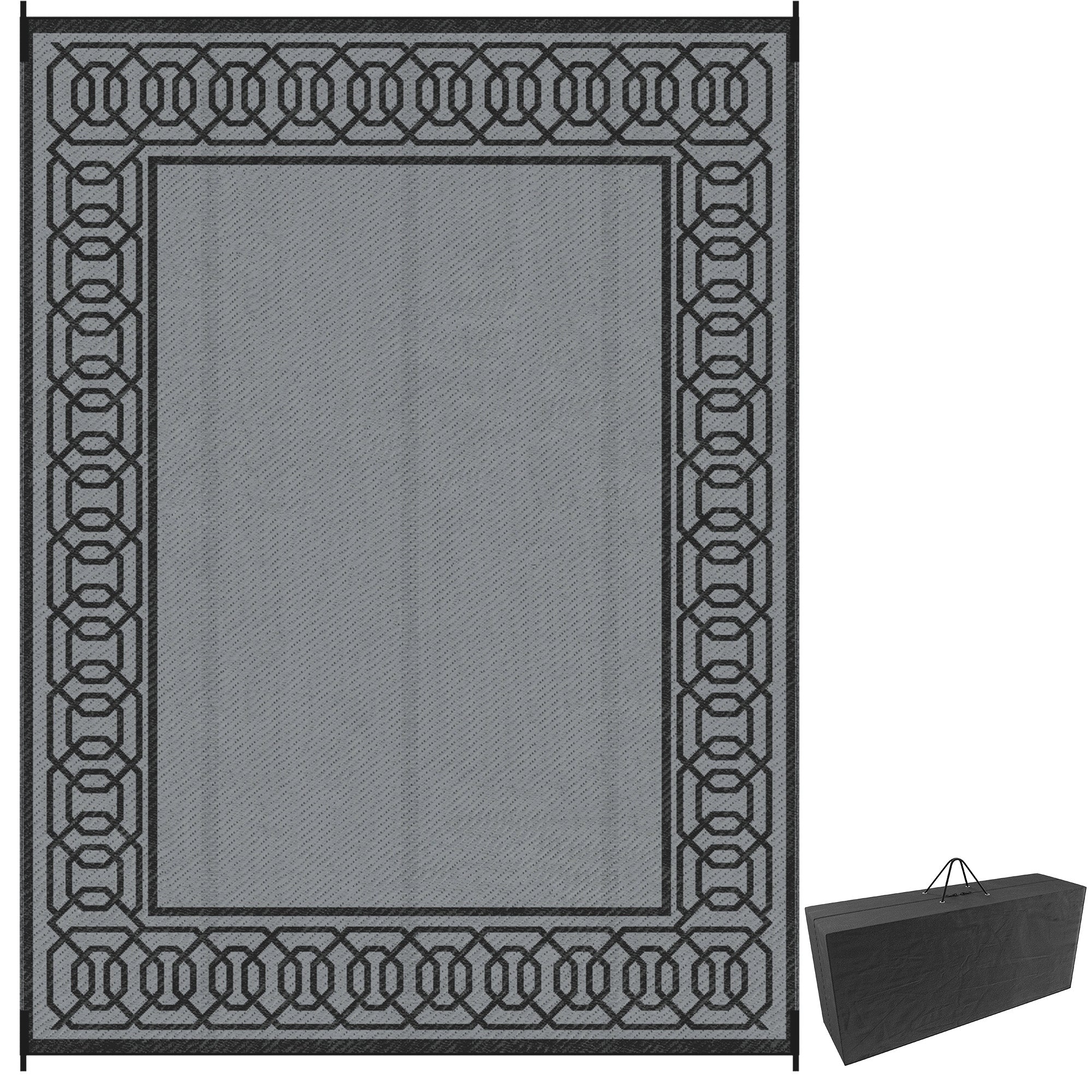 Portable Outdoor Rug with Carrying Bag, 9' x 12' Reversible Mat, Waterproof Plastic Straw RV Rug for Backyard, Deck, Picnic, Beach, Camping, Black and Grey