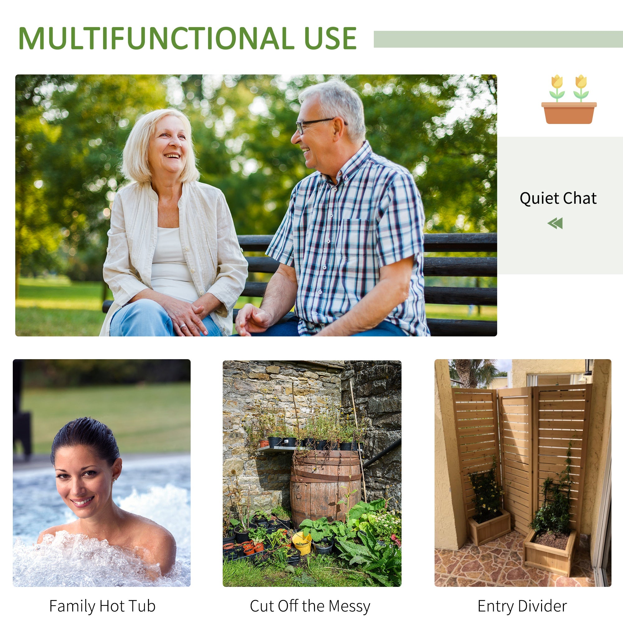Outdoor Privacy Screen Wood Privacy Panel with 4 Planter Boxes, Raised Bed with 3 Panels, Drainage Holes, Natural