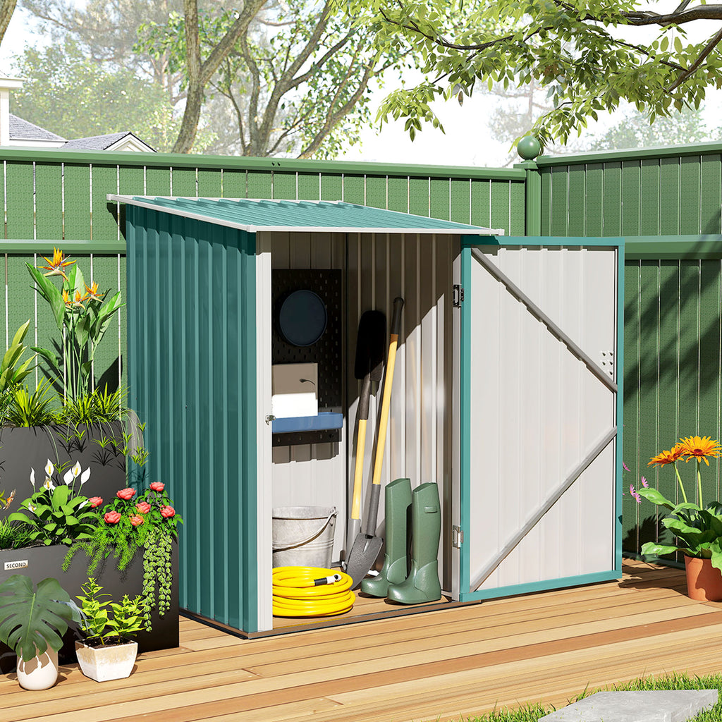 3.3' x 3.4' Lean-to Garden Storage Shed, Outdoor Galvanized Steel Tool House with Lockable Door for Patio Green