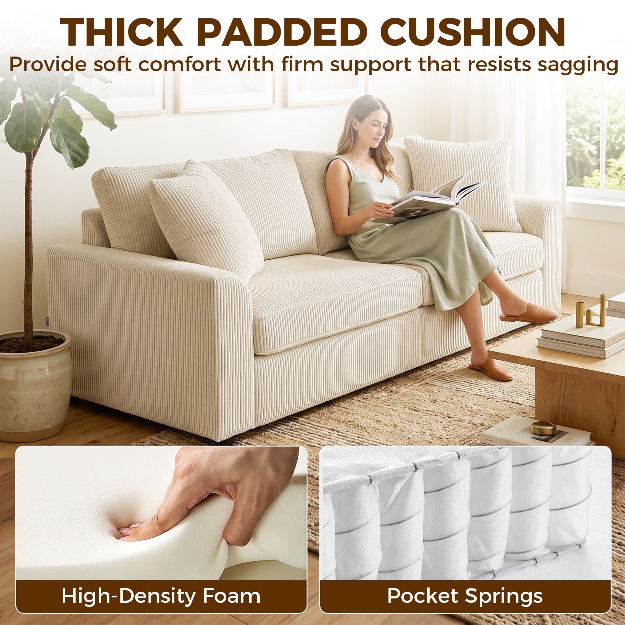 3 Seater Sofa, 83.5" Modern Upholstered Couch with Pocket Spring and 2 Scatter Cushions for Living Room, Cream White