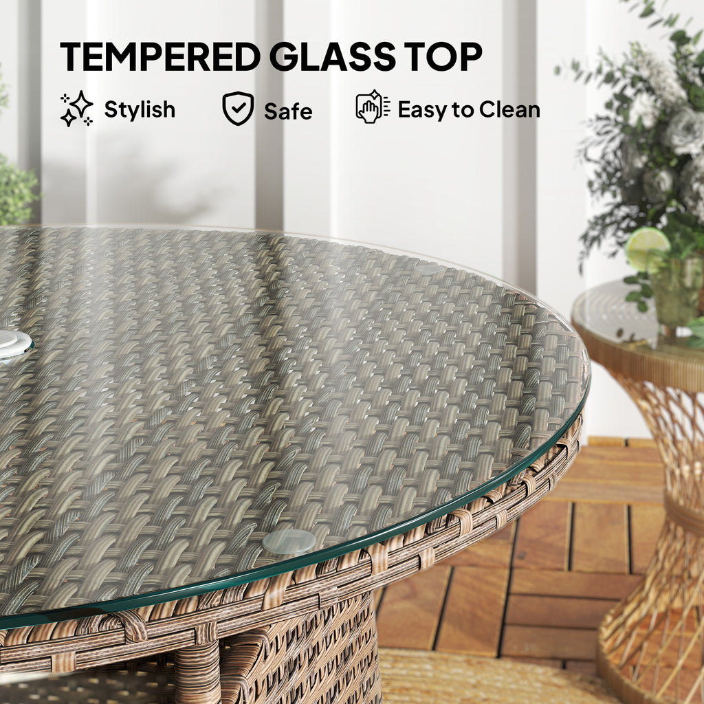 31.5" Outdoor Round Patio Table with Umbrella Hole, Bistro Coffee Table with Tempered Glass Top for Garden, Brown