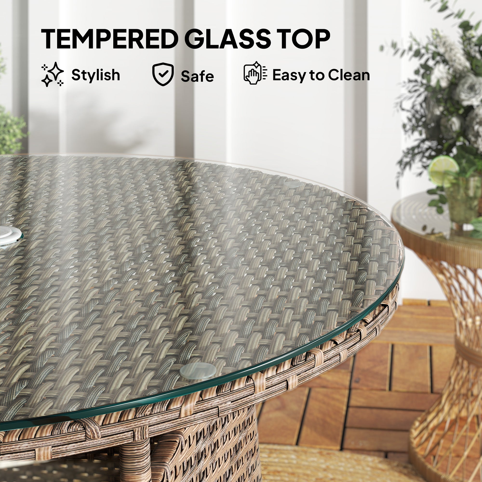31.5" Outdoor Round Patio Table with Umbrella Hole, Bistro Coffee Table with Tempered Glass Top for Garden, Brown