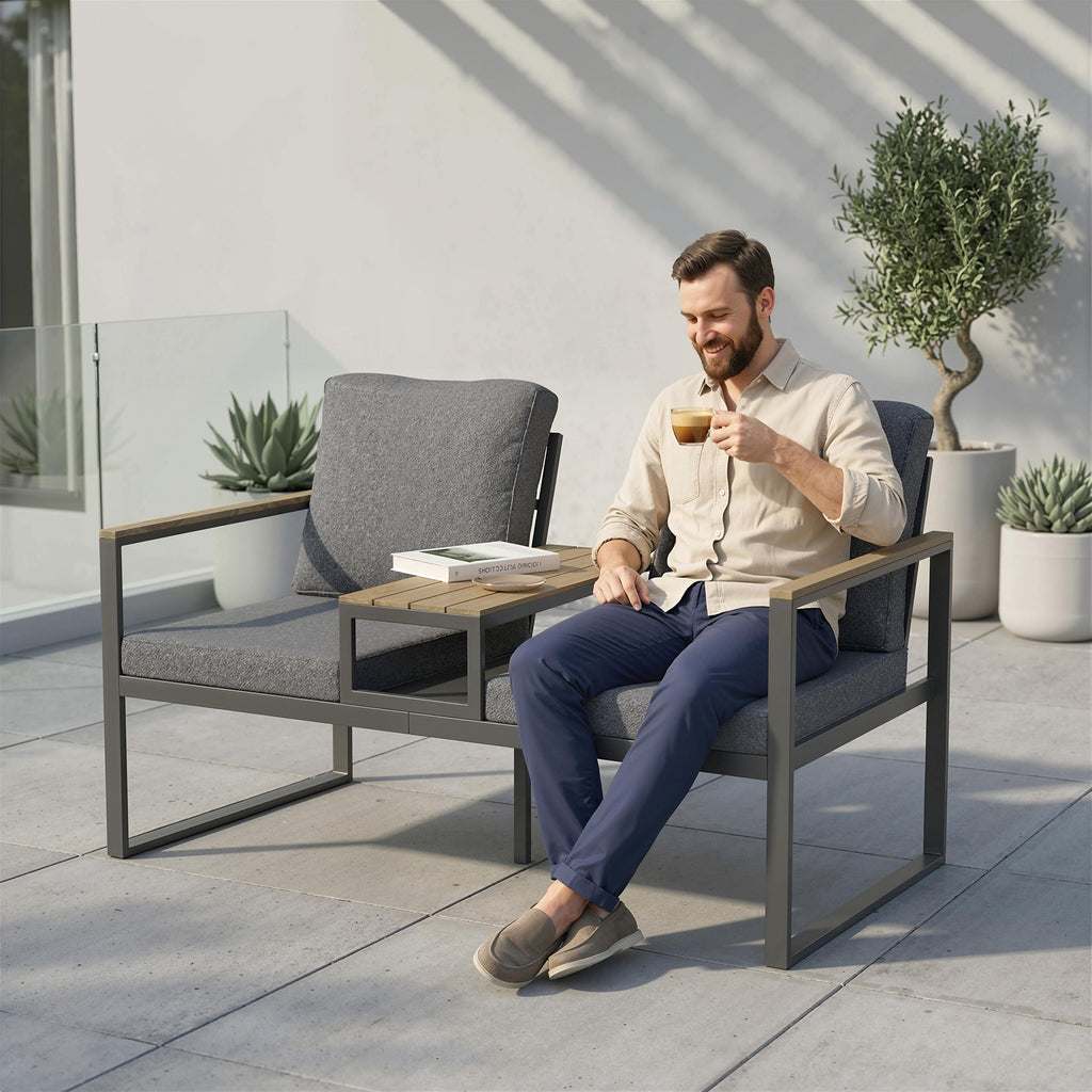 Outdoor Garden Bench with Integrated Table, 2 Seater Patio Loveseat with Thick Cushions, 136 cm Grey