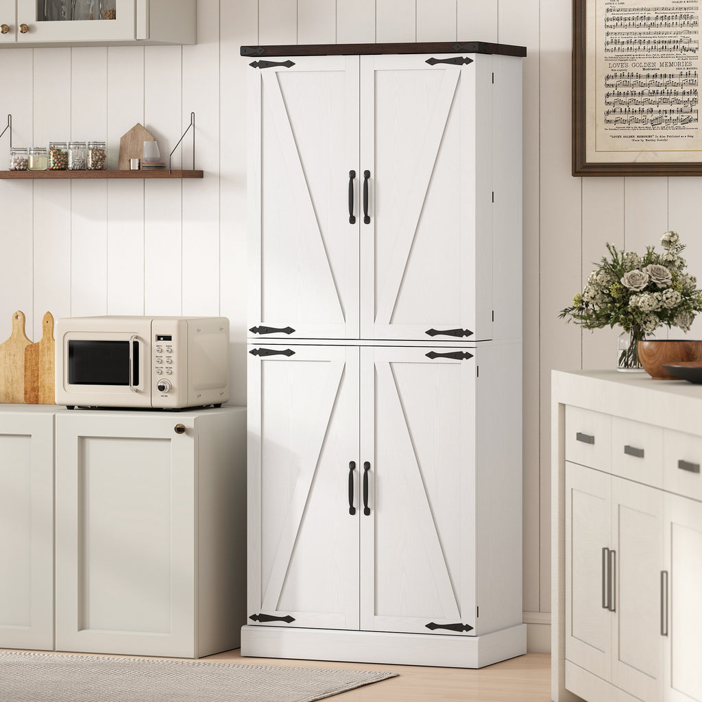 72" Tall Kitchen Pantry Cabinet, Farmhouse Storage Cabinet with 8 Door Racks and Adjustable Shelves, White