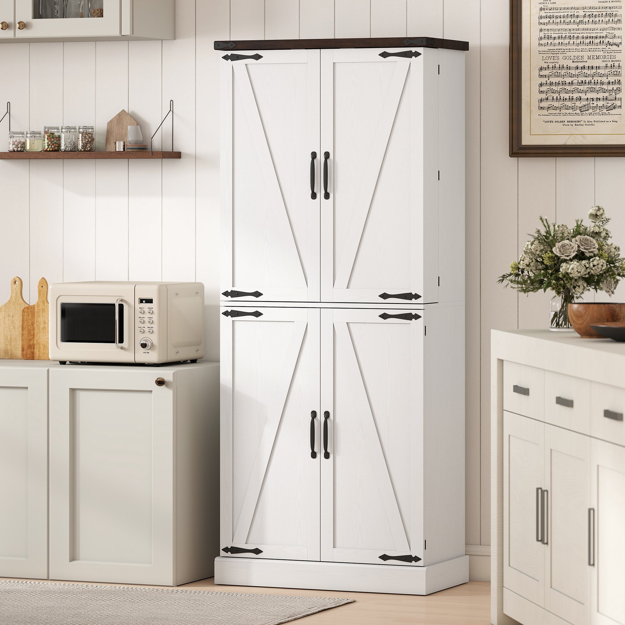 72" Tall Kitchen Pantry Cabinet, Farmhouse Storage Cabinet with 8 Door Racks and Adjustable Shelves, White