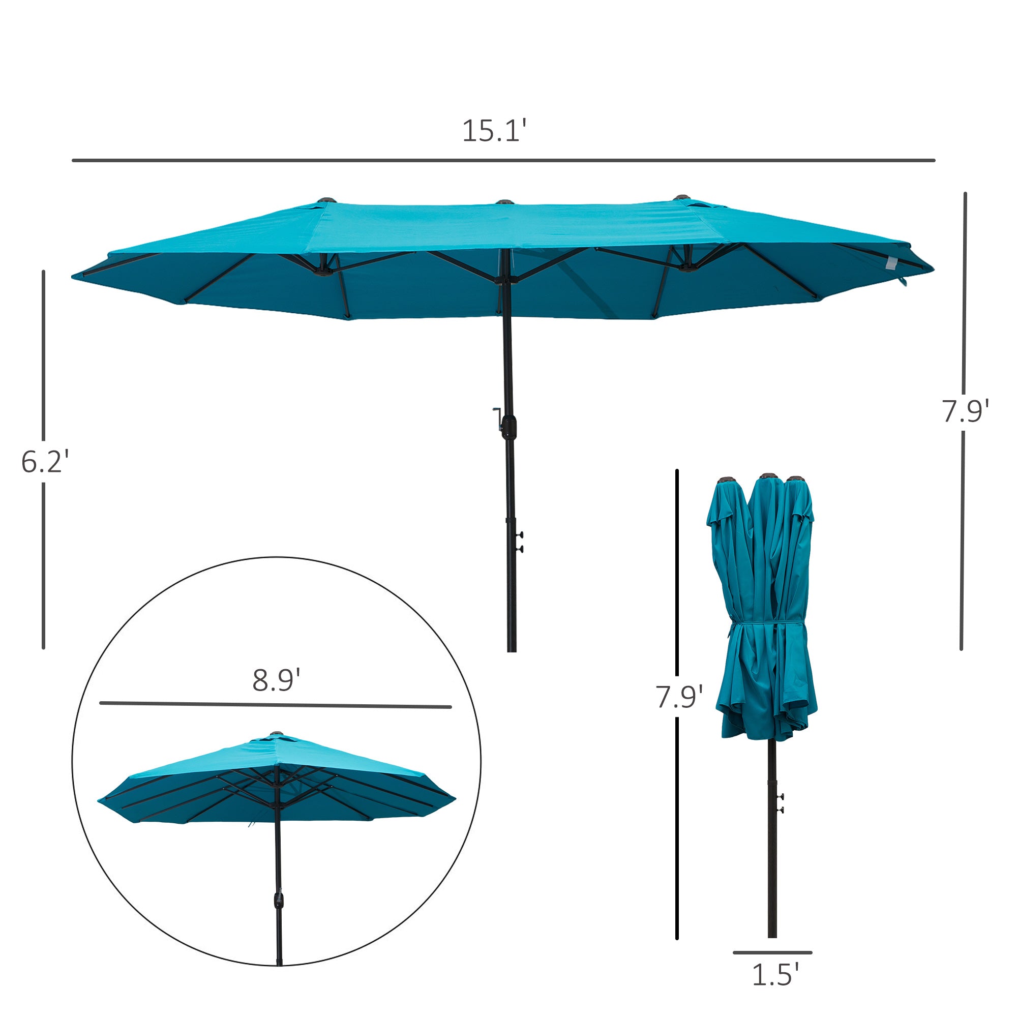 15ft Double-sided Patio Umbrella with Twin Canopy, Extra Large Outdoor Parasol with Crank for Pool, Deck, Market, Sky Blue