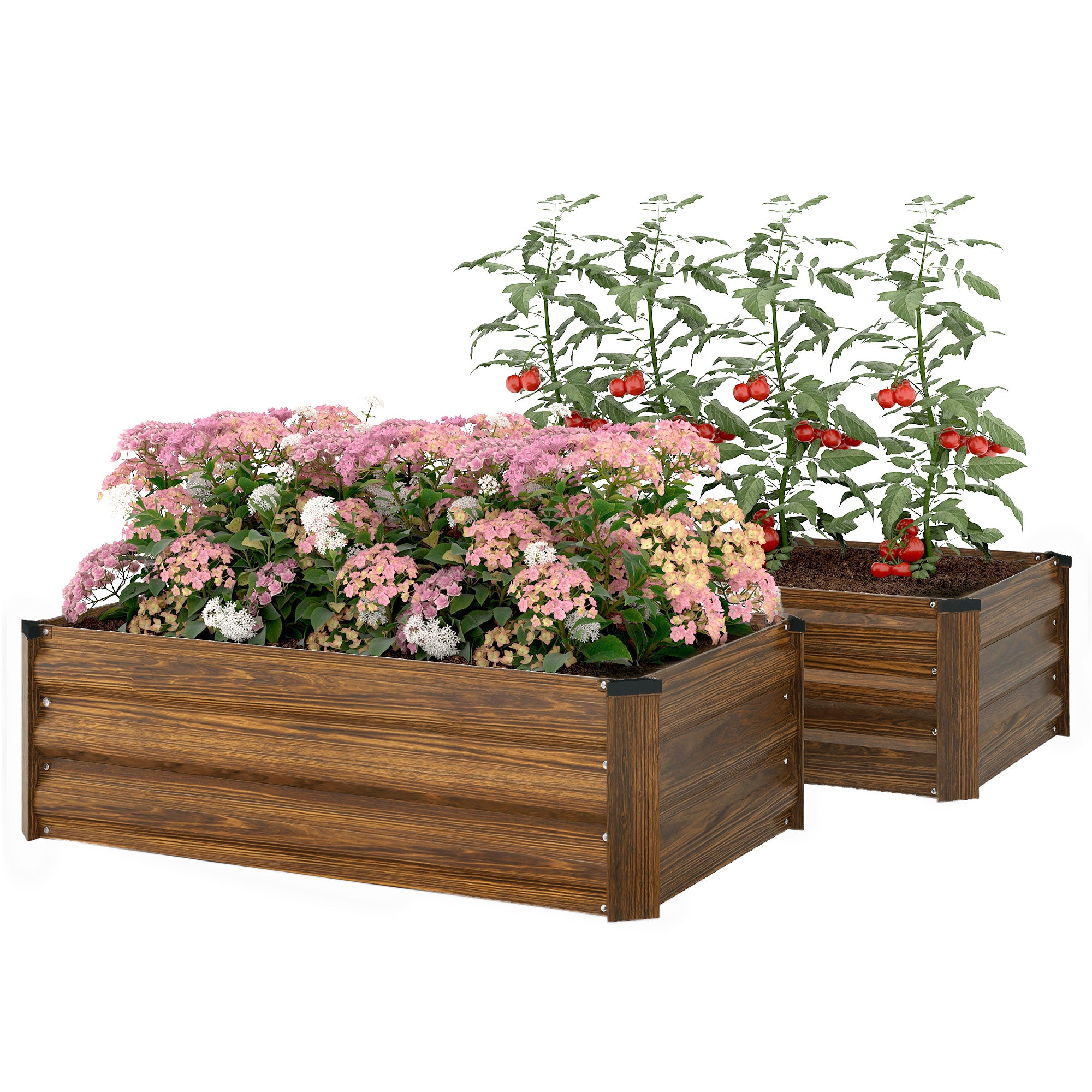 Set of 2 Galvanized Raised Beds for Garden, Outdoor Planter Box for Flowers, Herbs and Vegetables, Dark Brown